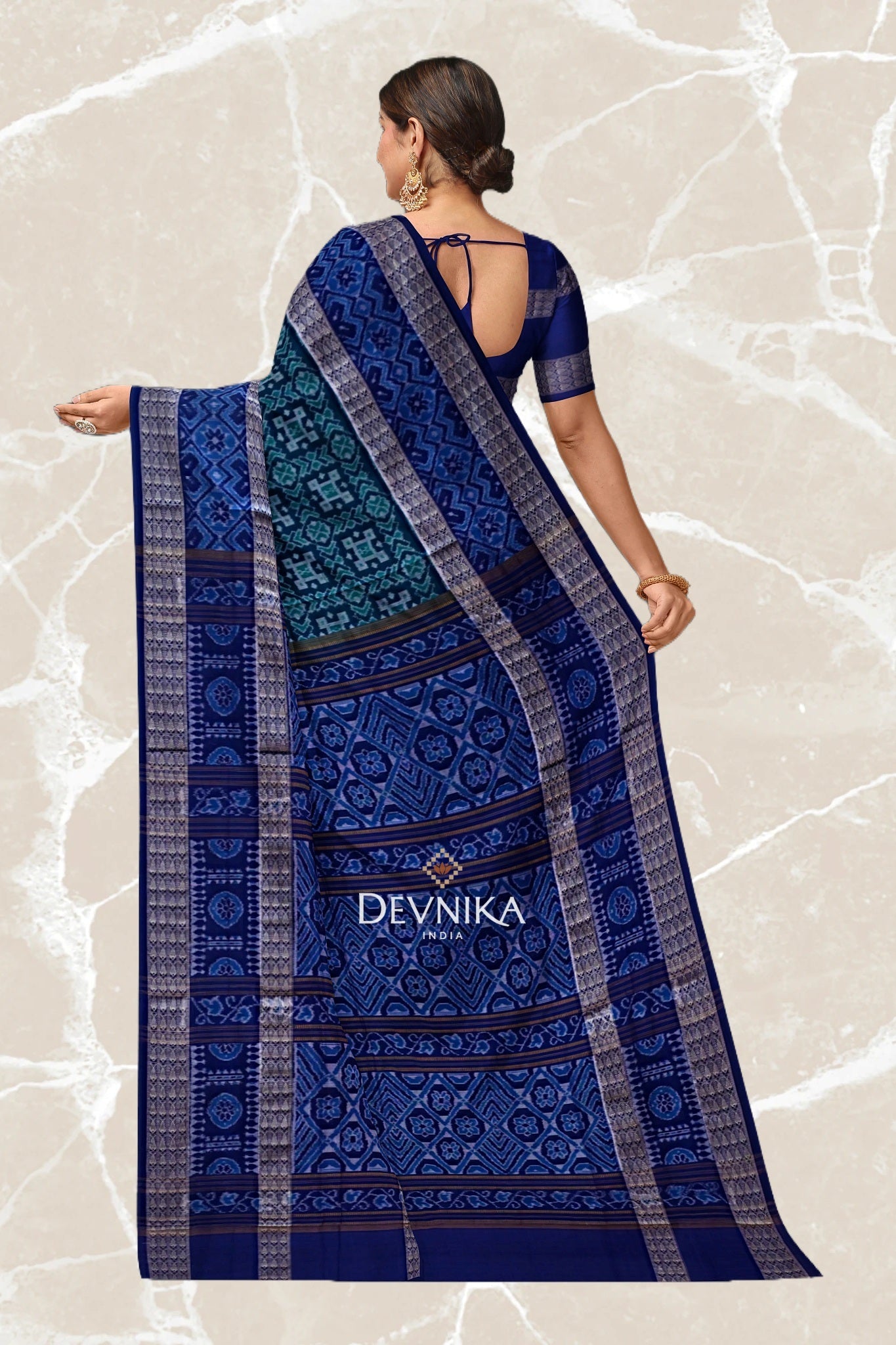 Green Blue Double Border Bandha Handloom Cotton Saree | Odisha Handloom | Devnika