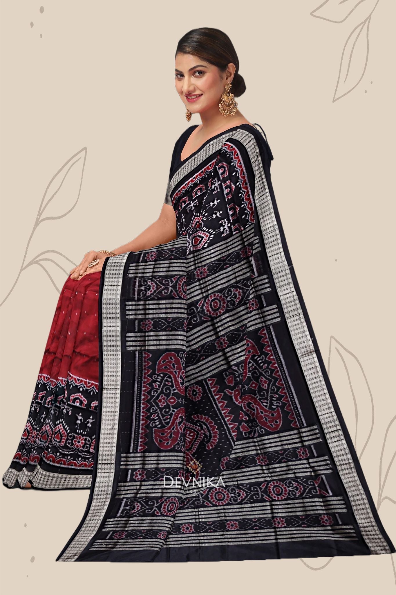 Maroon Teracota Teracota Bandha Silk Saree | Odisha Handloom GI Tagged | Devnika