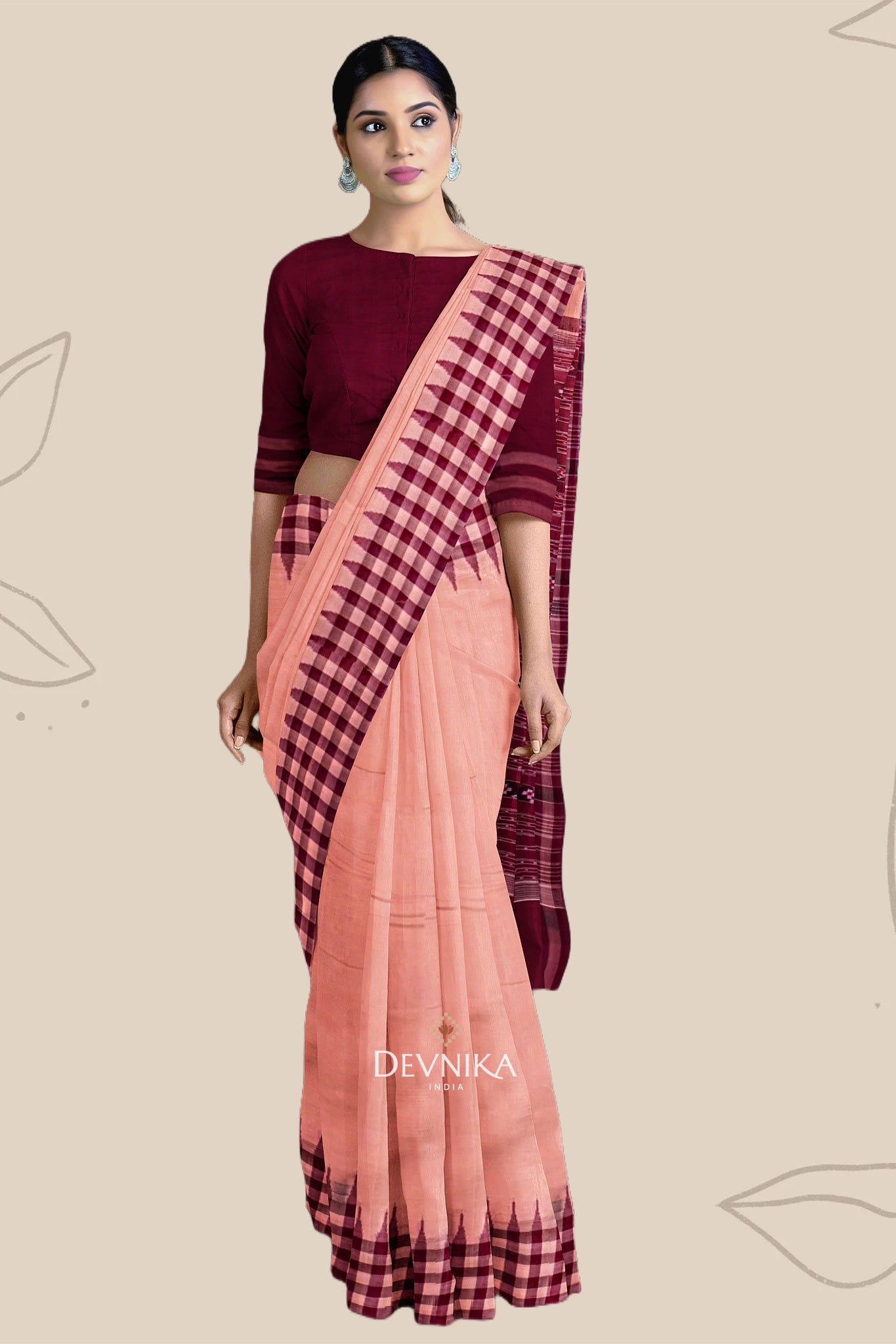 Beige Coral Odisha High School Teacher Saree