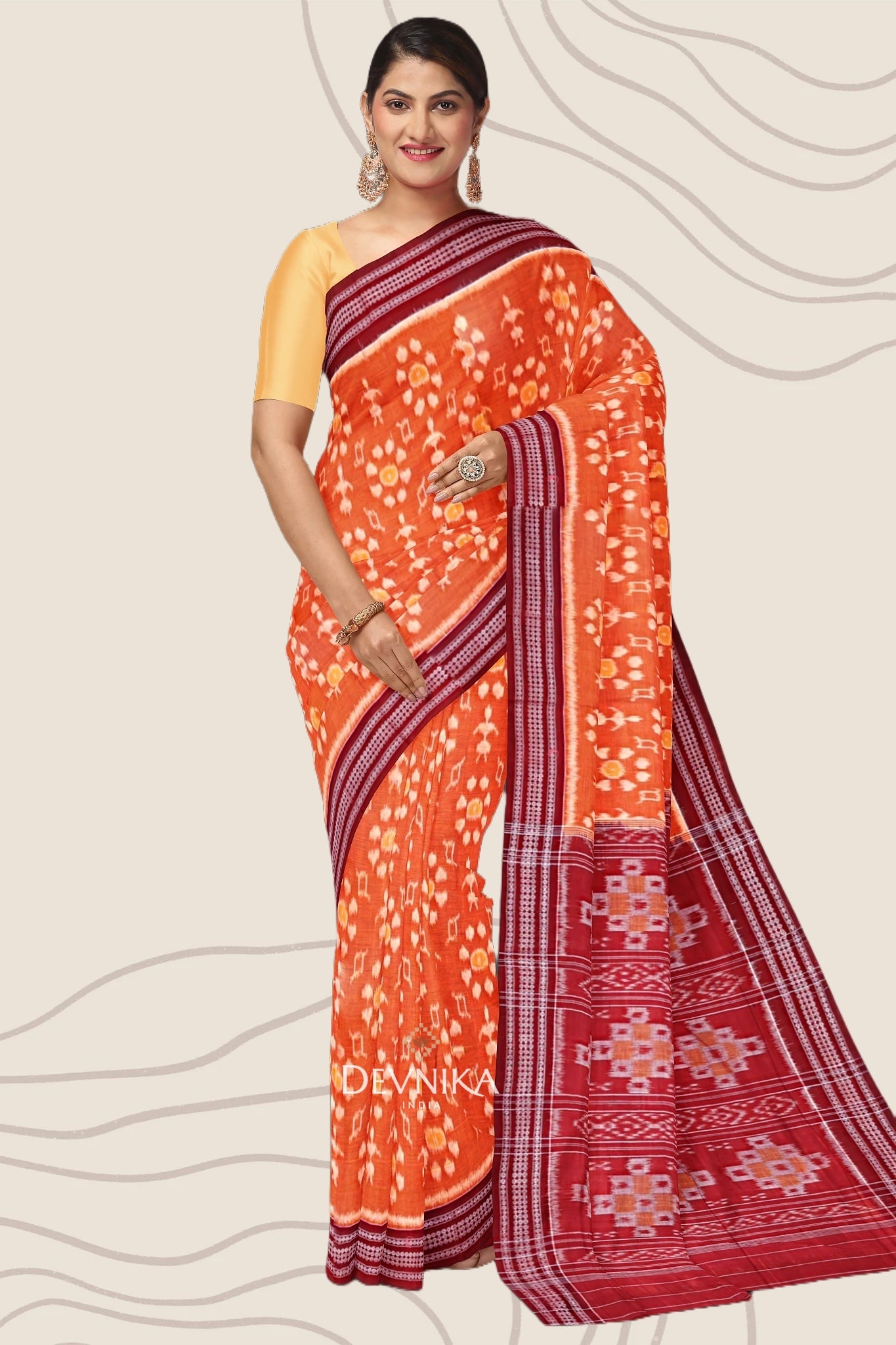 Golden Yellow Body Bandha Handloom Cotton Saree | Odisha Handloom | Devnika
