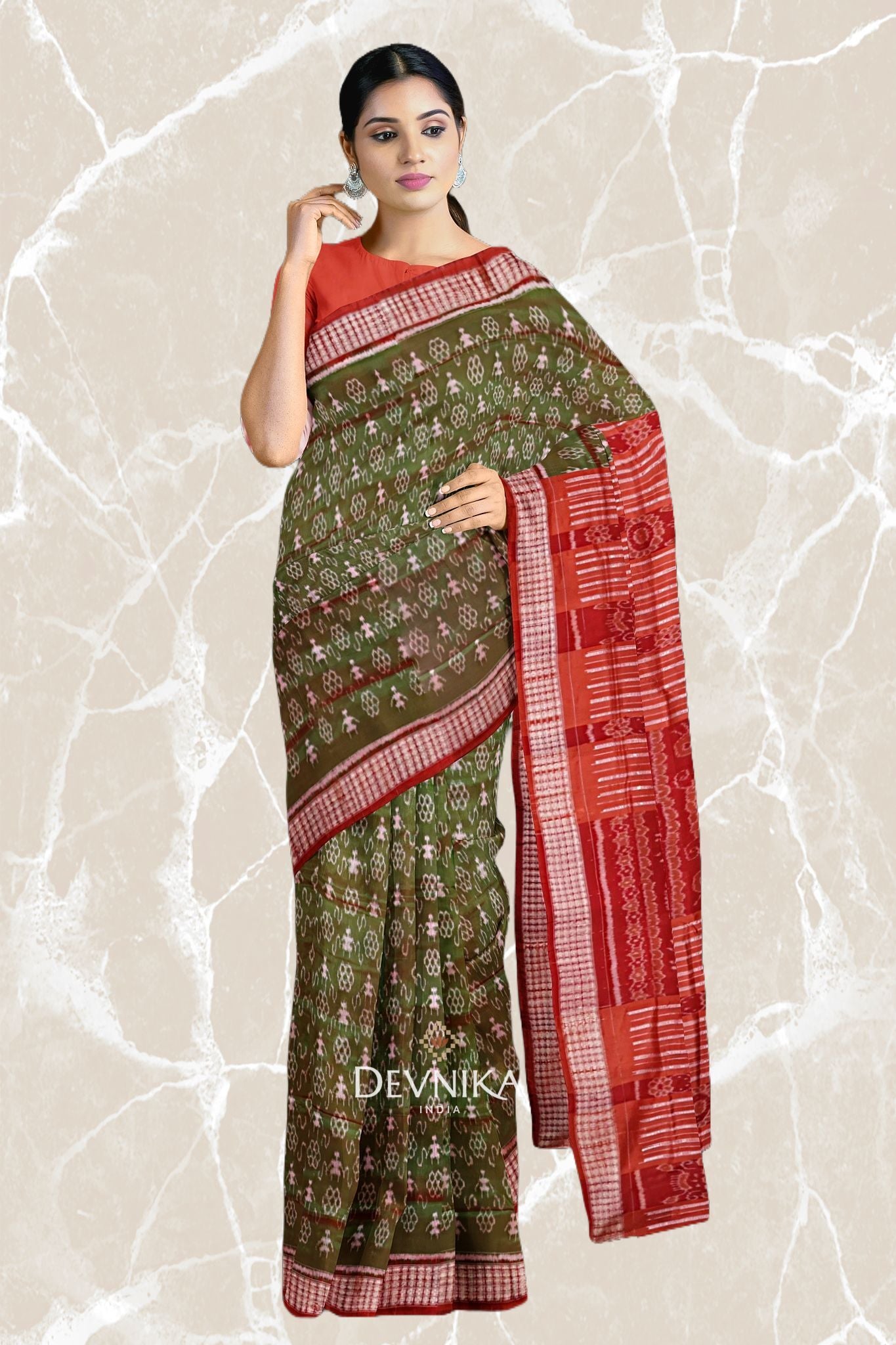 Rust Green Teracota Bandha Silk Saree | Odisha Handloom GI Tagged | Devnika
