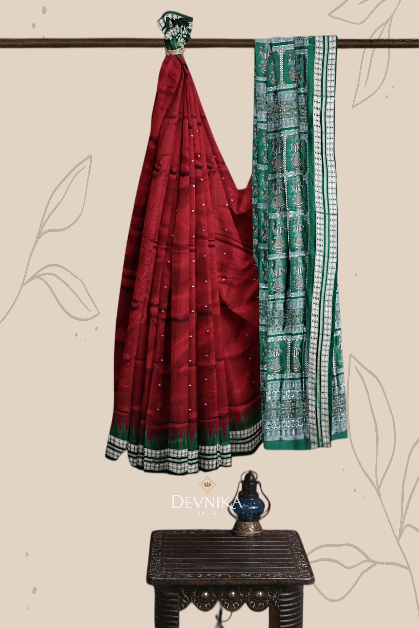 Dark Maroon With Forest Green Bomkai Butti Silk Saree | Odisha Handloom GI Tagged | Devnika