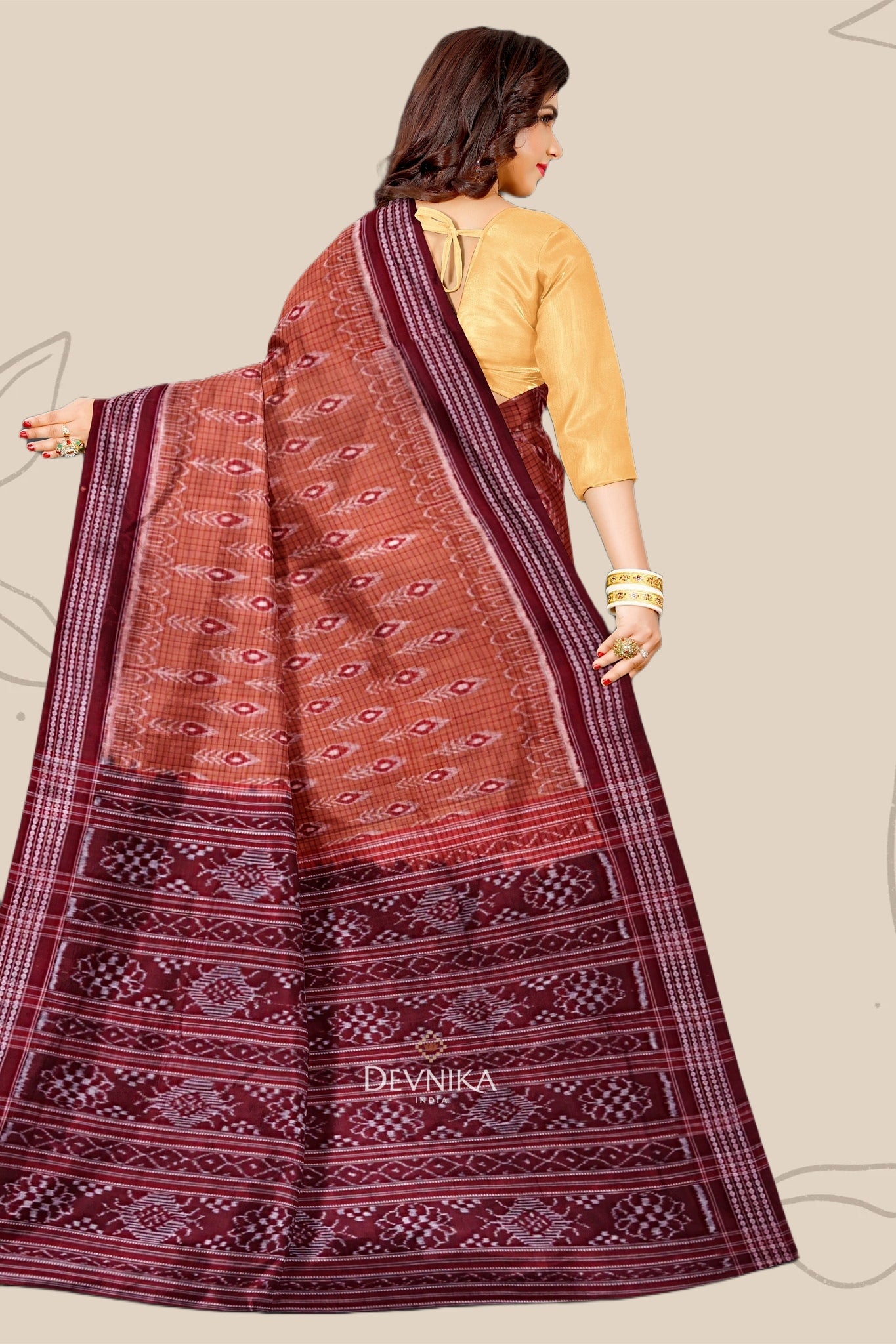Brown With Maroon Body Bandha Handloom Cotton Saree | Odisha Handloom | Devnika