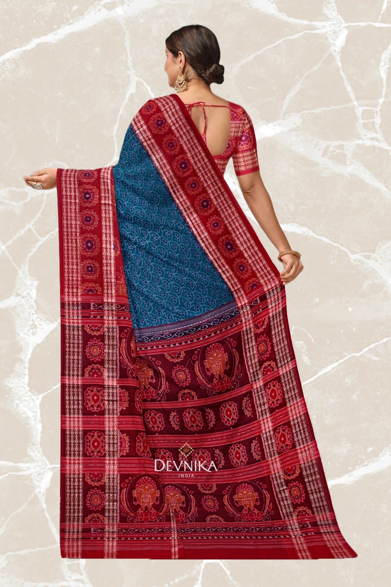 Dark Cyan Namaskar Bandha Handloom Cotton Saree | Odisha Handloom | Devnika