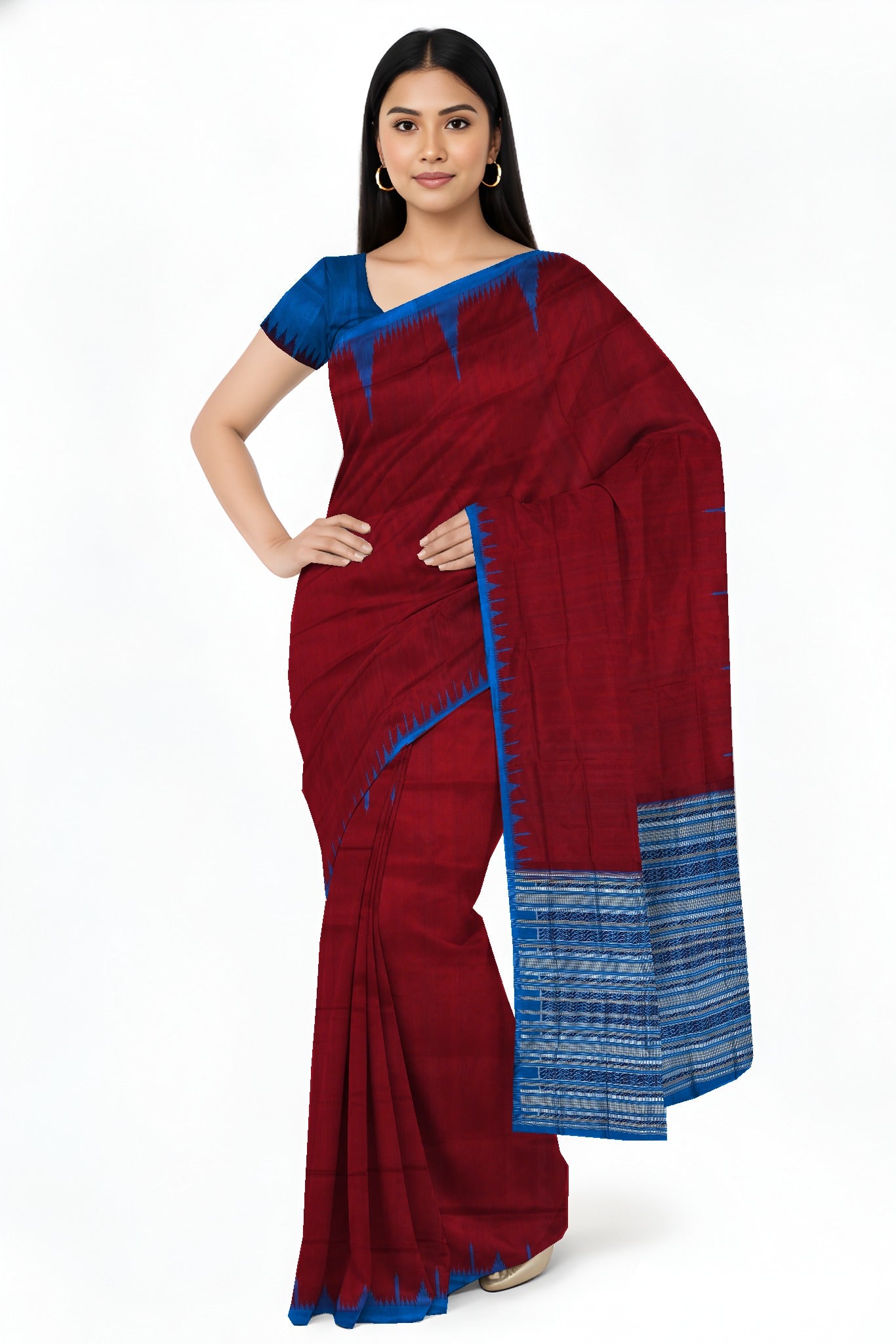 Deep Maroon Big Temple Border Sambalpuri  Saree | Odisha Handloom GI Tagged | Devnika