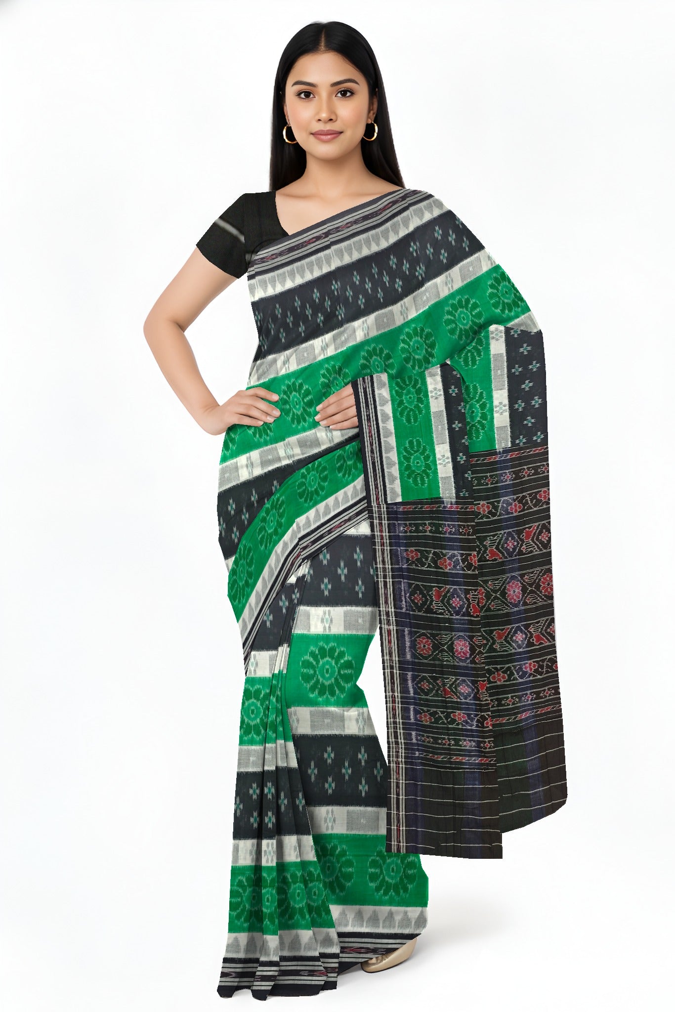 Black Green And White Mania Bandha Traditional Katiki Saree | Odisha Handloom GI Tagged | Devnika