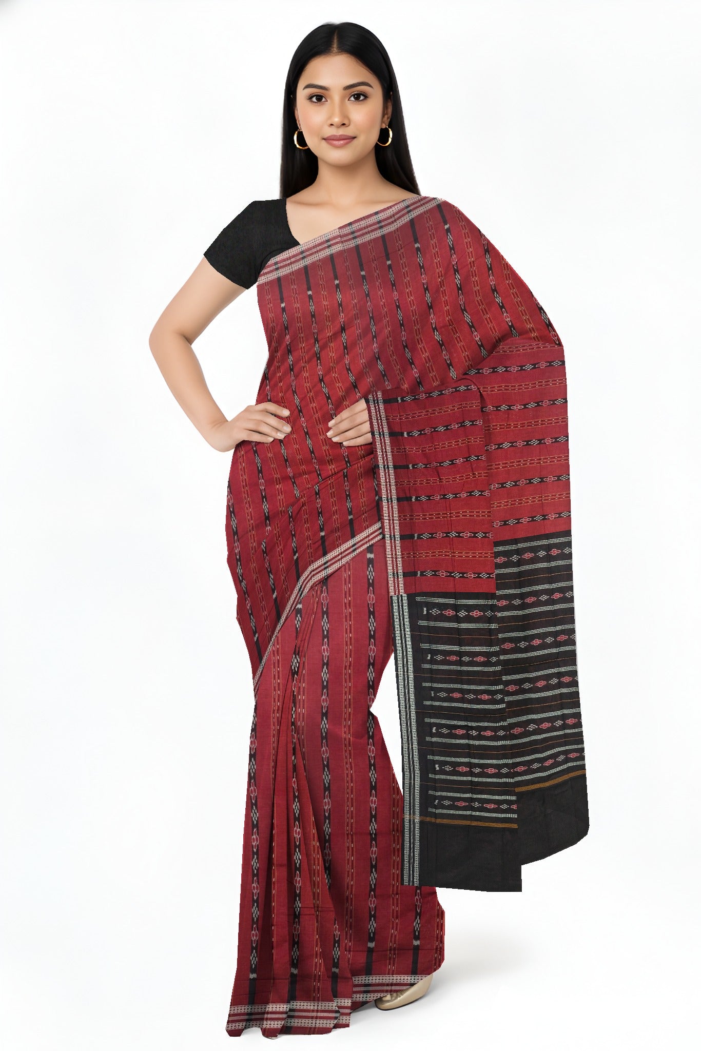 Deep Maroon Line Bandha Saree | Odisha Handloom GI Tagged | Devnika