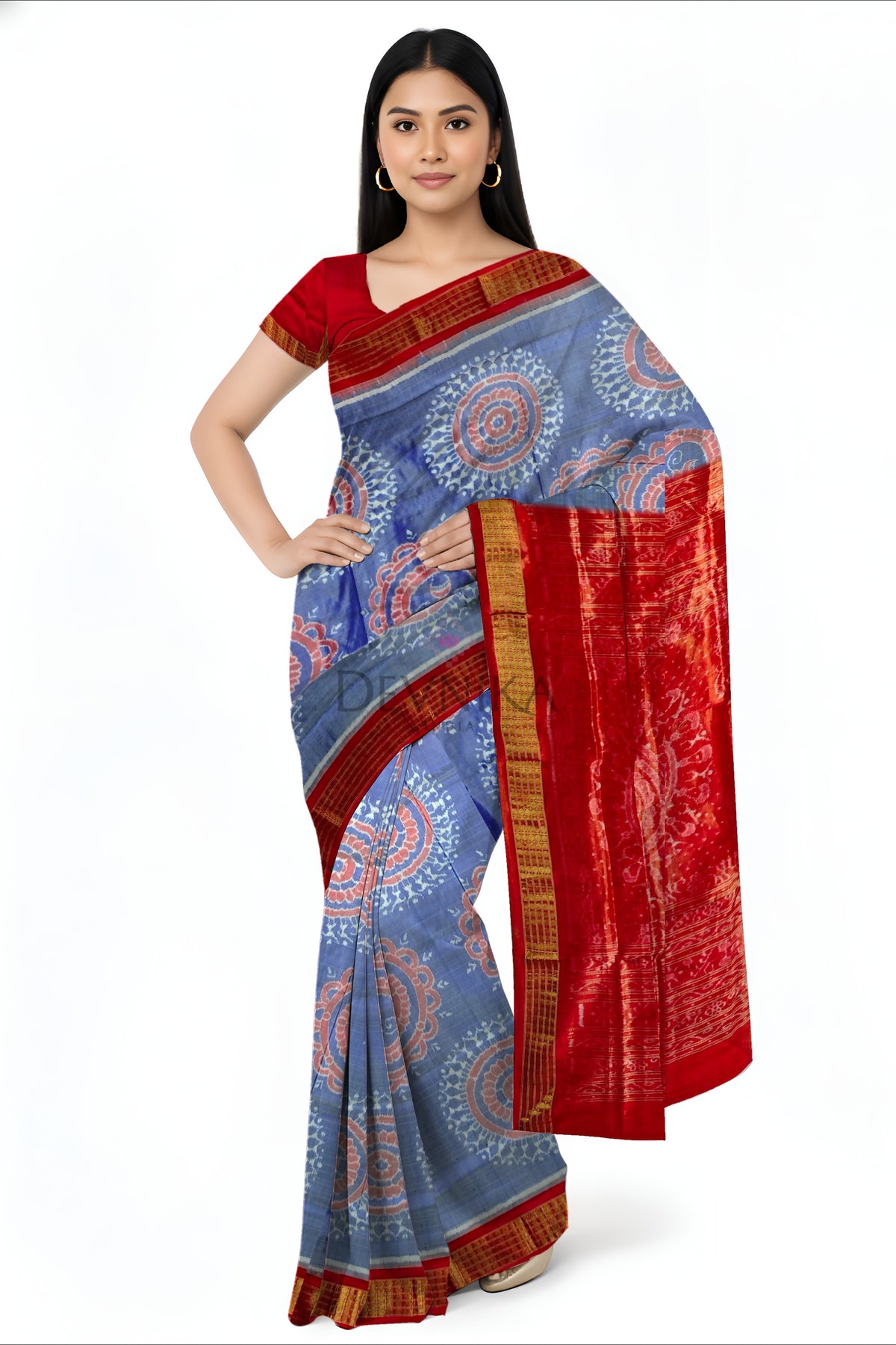 Periwinkle Blue Body Bandha Half Tissue Pata Saree | Odisha Handloom GI Tagged | Devnika
