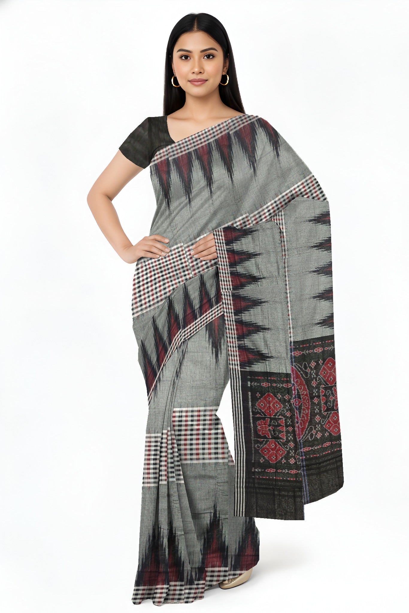 Grey Black Maroon Mania Bandha Traditional Katiki Saree | Odisha Handloom GI Tagged | Devnika