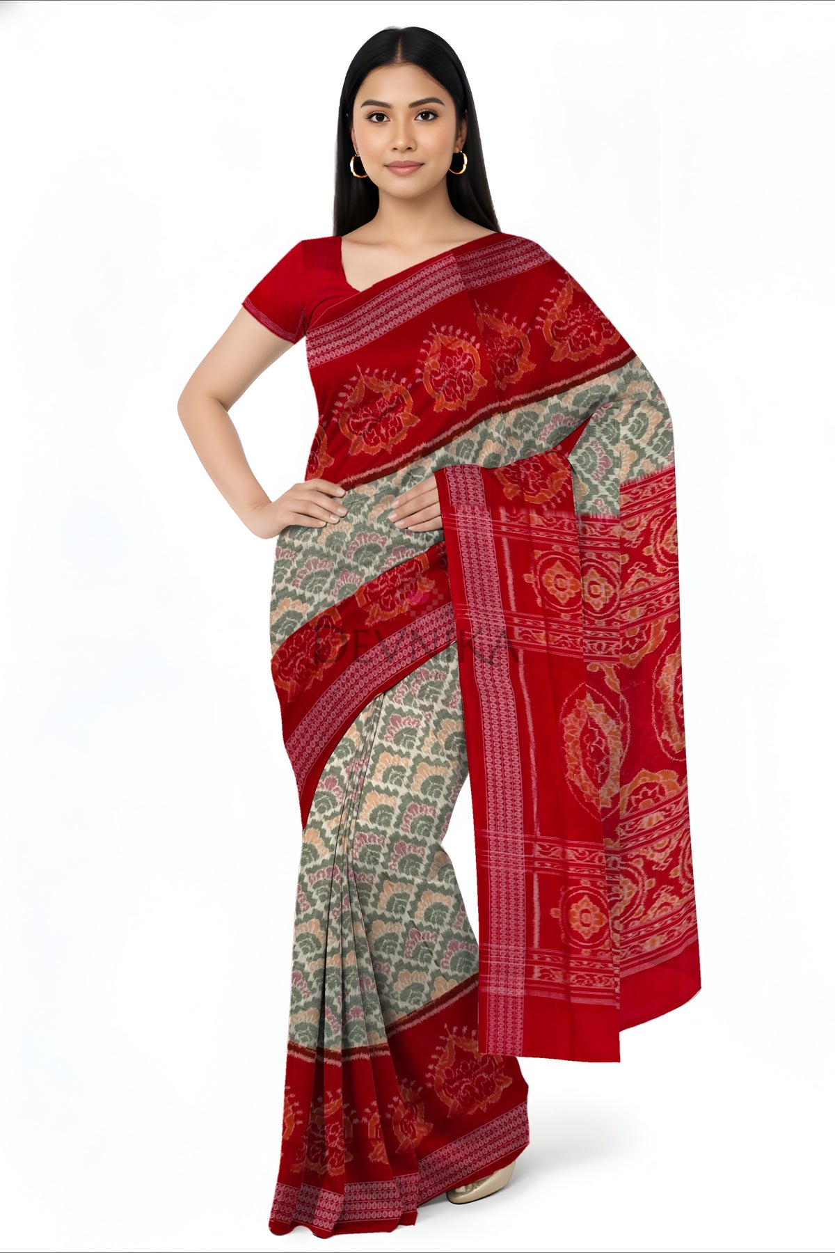 Steel & White Big Border Bandha Saree | Odisha Handloom GI Tagged | Devnika