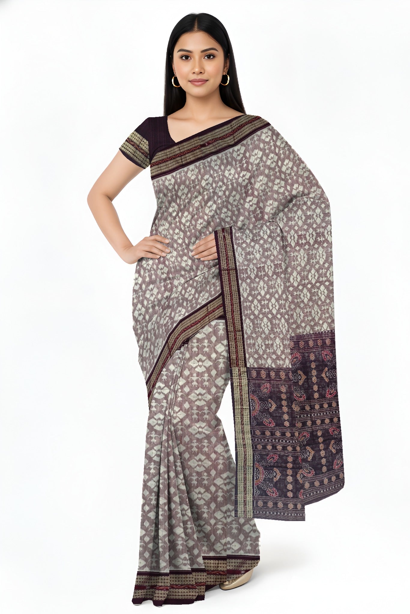 White & Coffee Traditional Body Bandha Saree | Odisha Handloom GI Tagged | Devnika