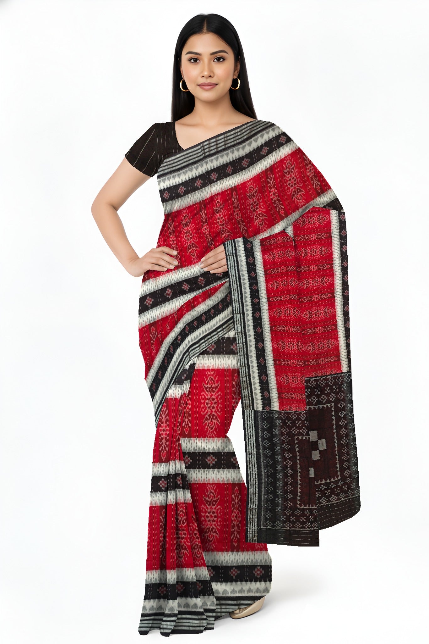 Red And White Mania Bandha Traditional Katiki Saree | Odisha Handloom GI Tagged | Devnika