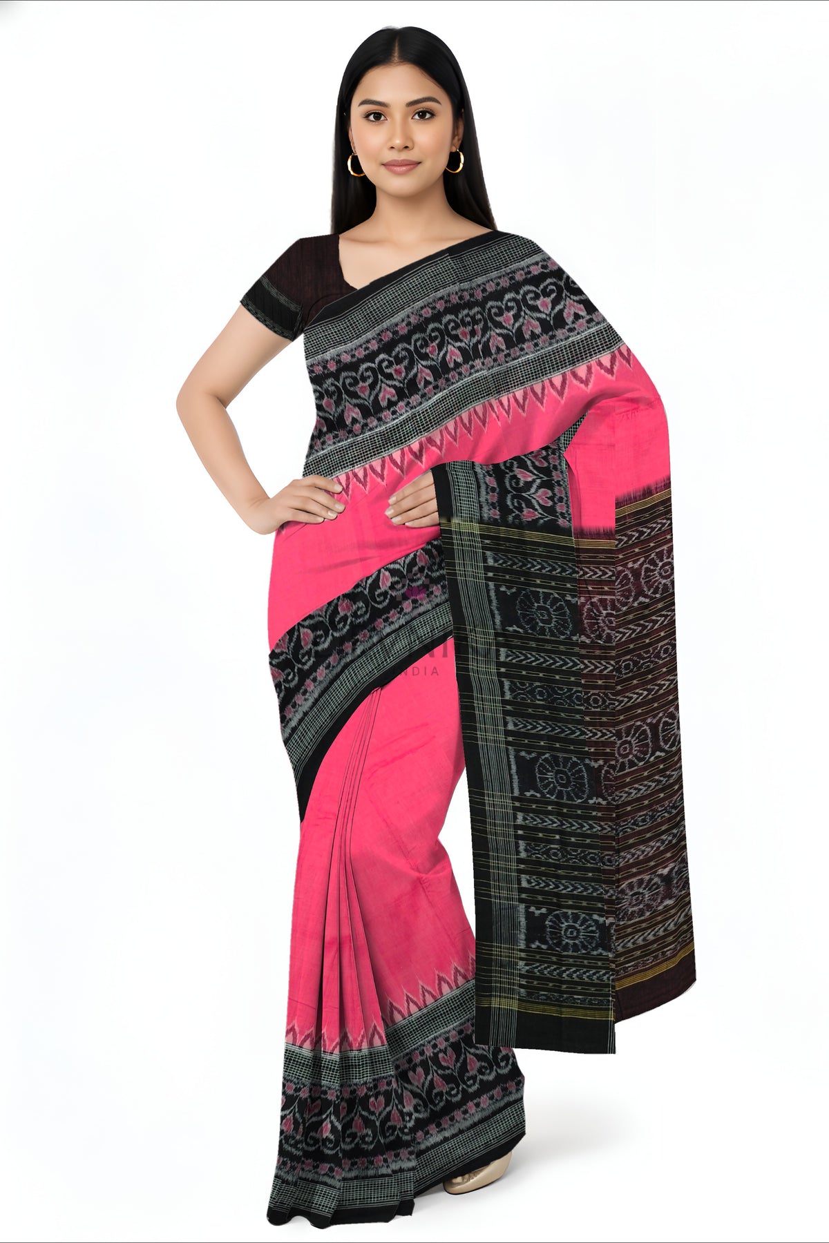 Pink Temple Border Bandha Saree | Odisha Handloom GI Tagged | Devnika