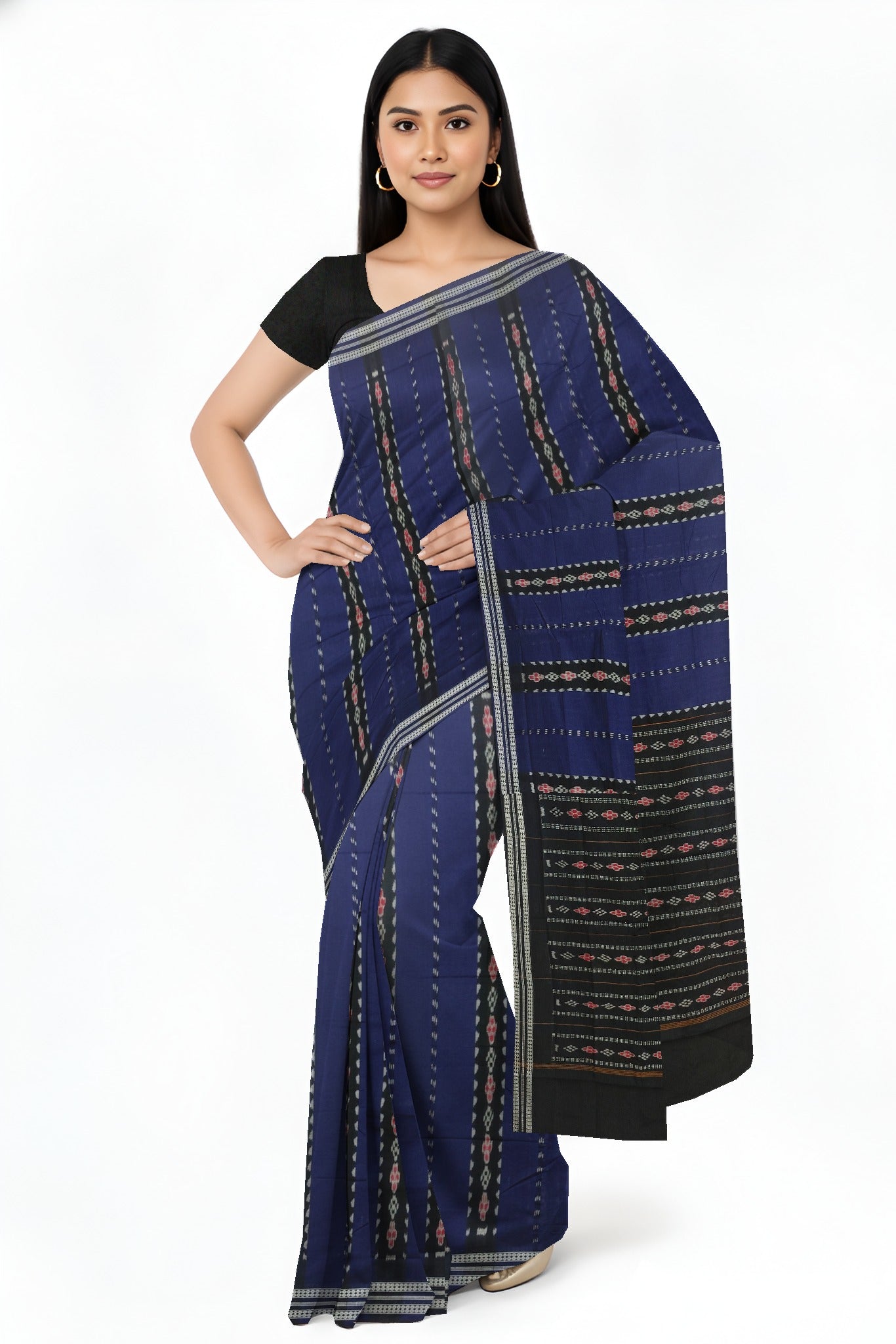 Blue And Black Line Bandha Saree | Odisha Handloom GI Tagged | Devnika