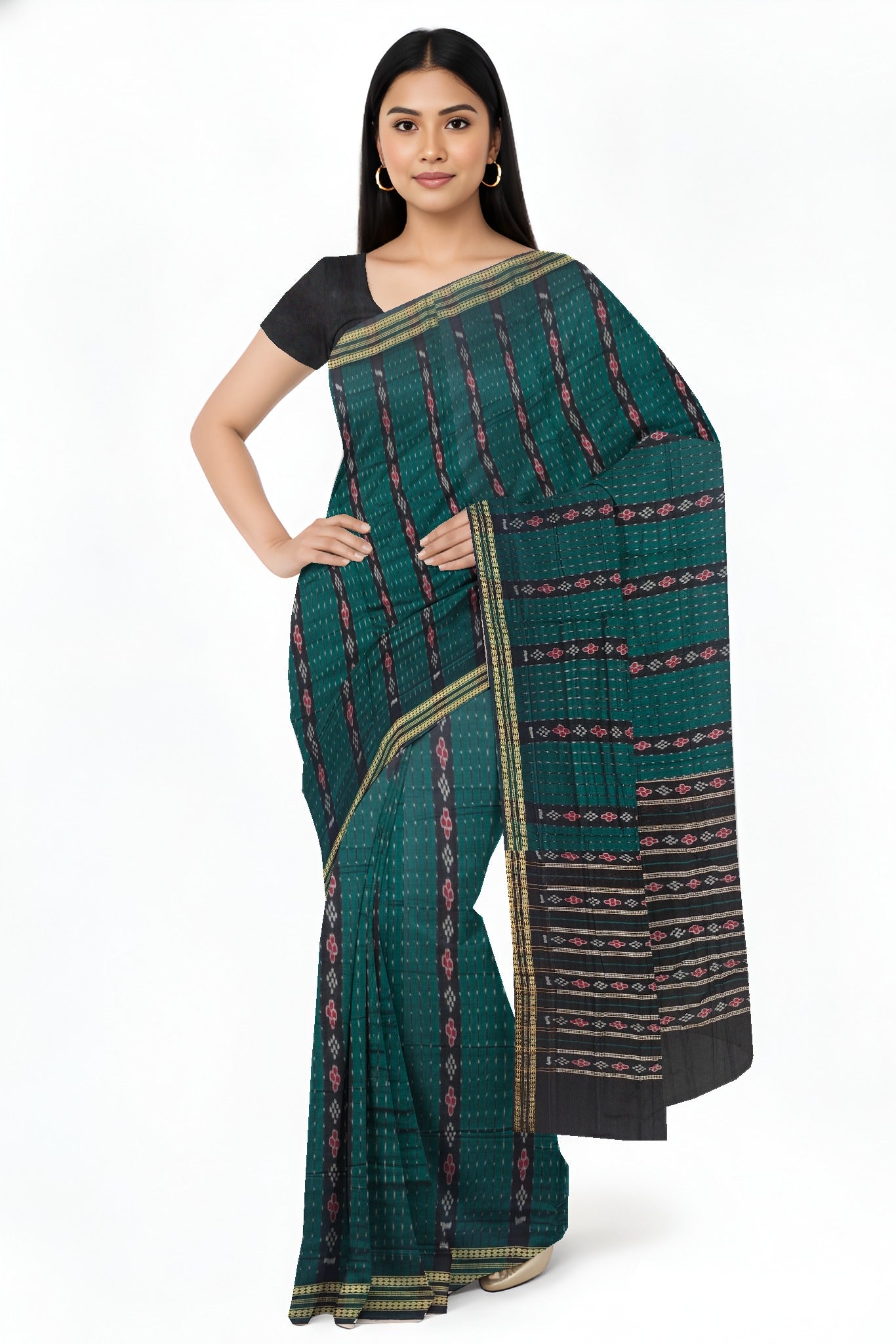 Green And Black Line Bandha Saree | Odisha Handloom GI Tagged | Devnika