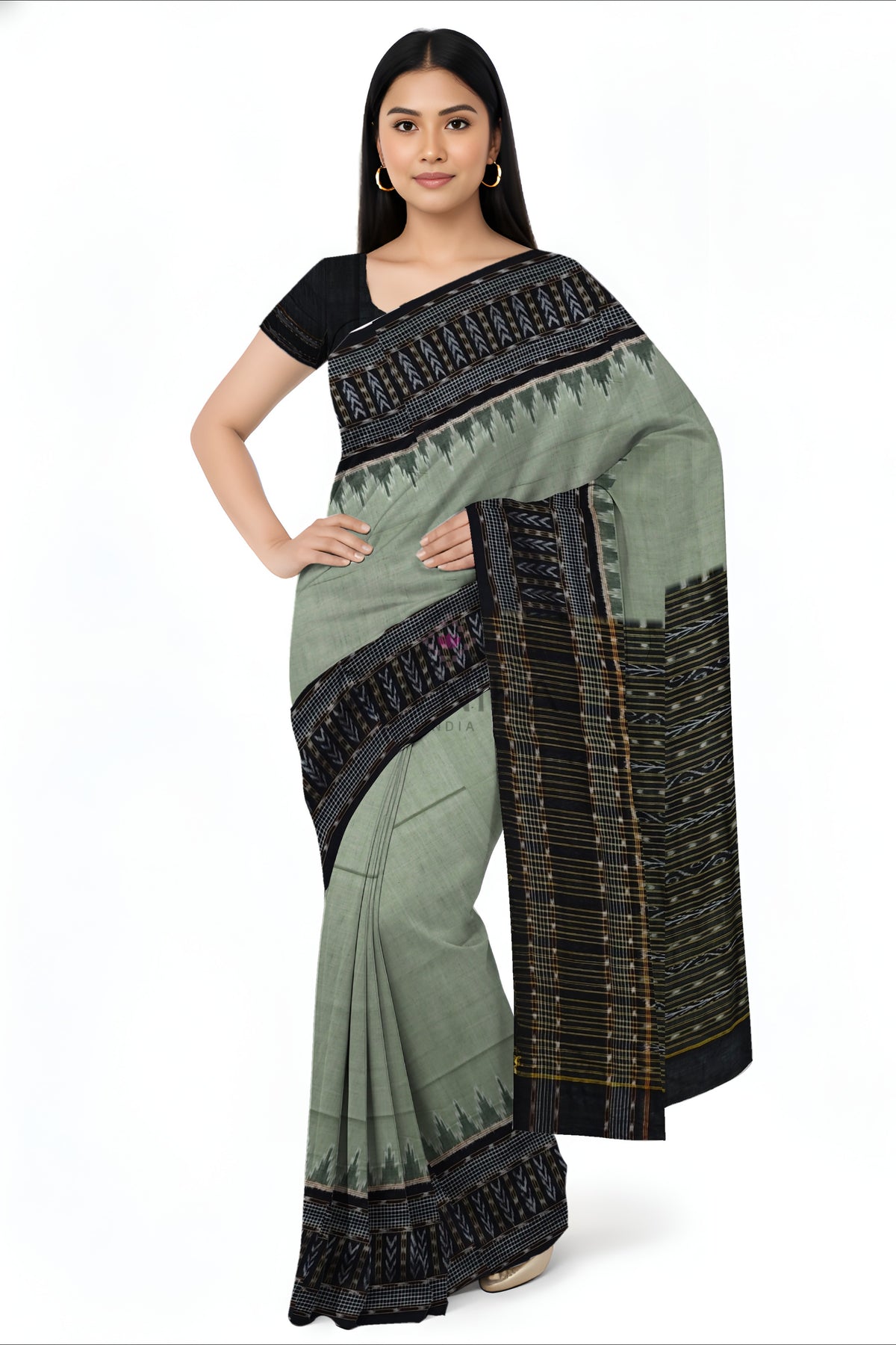 Pista Green Temple Border Bandha Saree | Odisha Handloom GI Tagged | Devnika