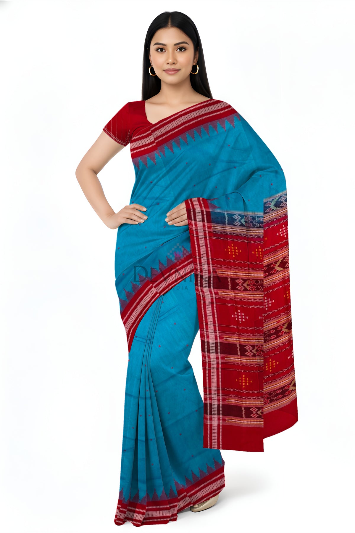 Royal Blue Temple Boarder Cotton Bapta Saree | Odisha Handloom GI Tagged | Devnika
