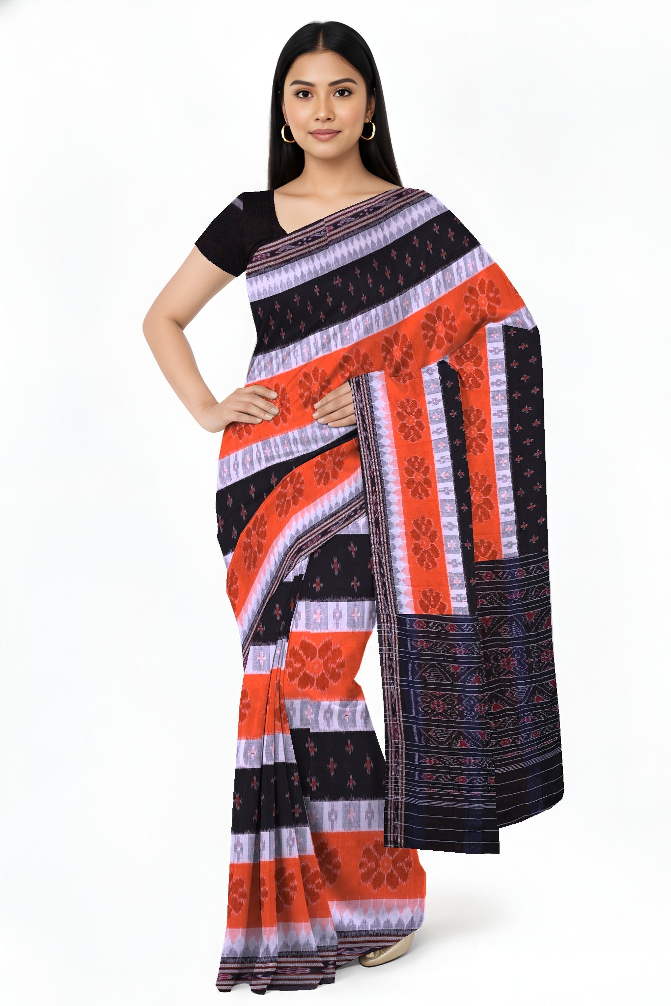 Orange Black Mania Bandha Traditional Katiki Saree