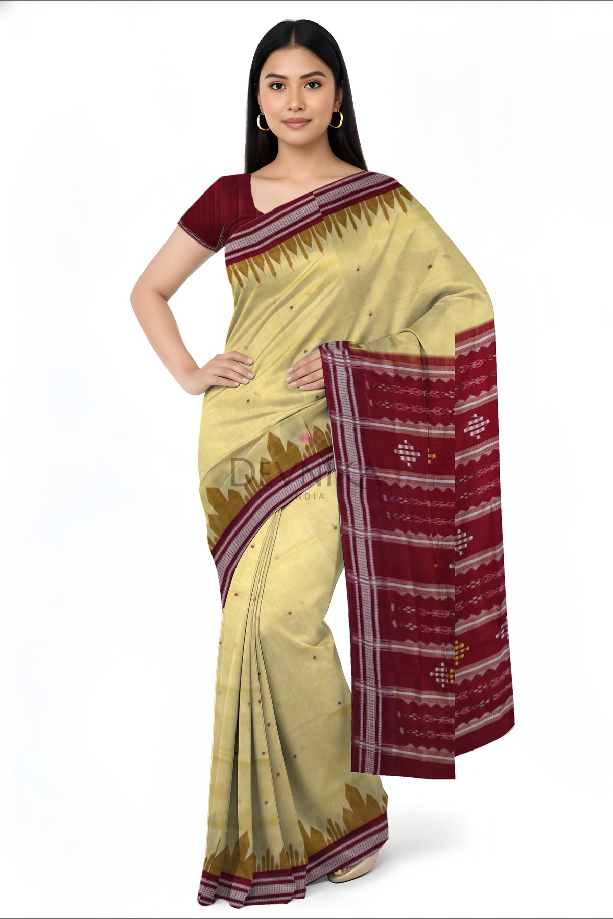 Cream Yellow Temple Boarder Cotton Bapta Saree | Odisha Handloom GI Tagged | Devnika