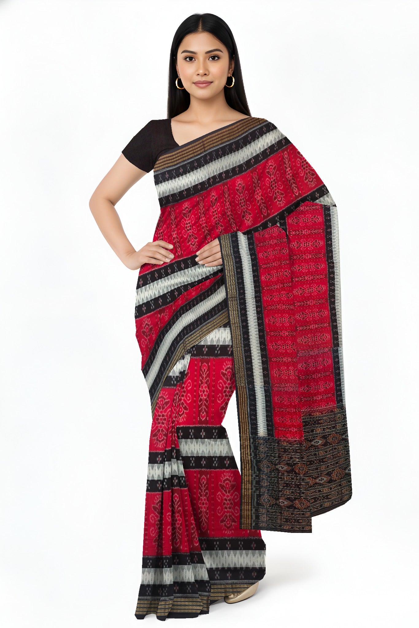 Red And White Mania Bandha Traditional Katiki Saree | Odisha Handloom GI Tagged | Devnika