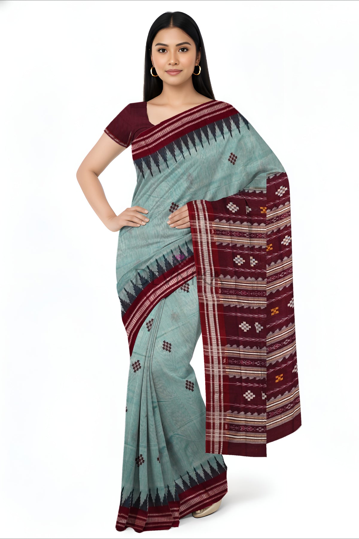 Light Green Temple Boarder Cotton Bapta Saree | Odisha Handloom GI Tagged | Devnika