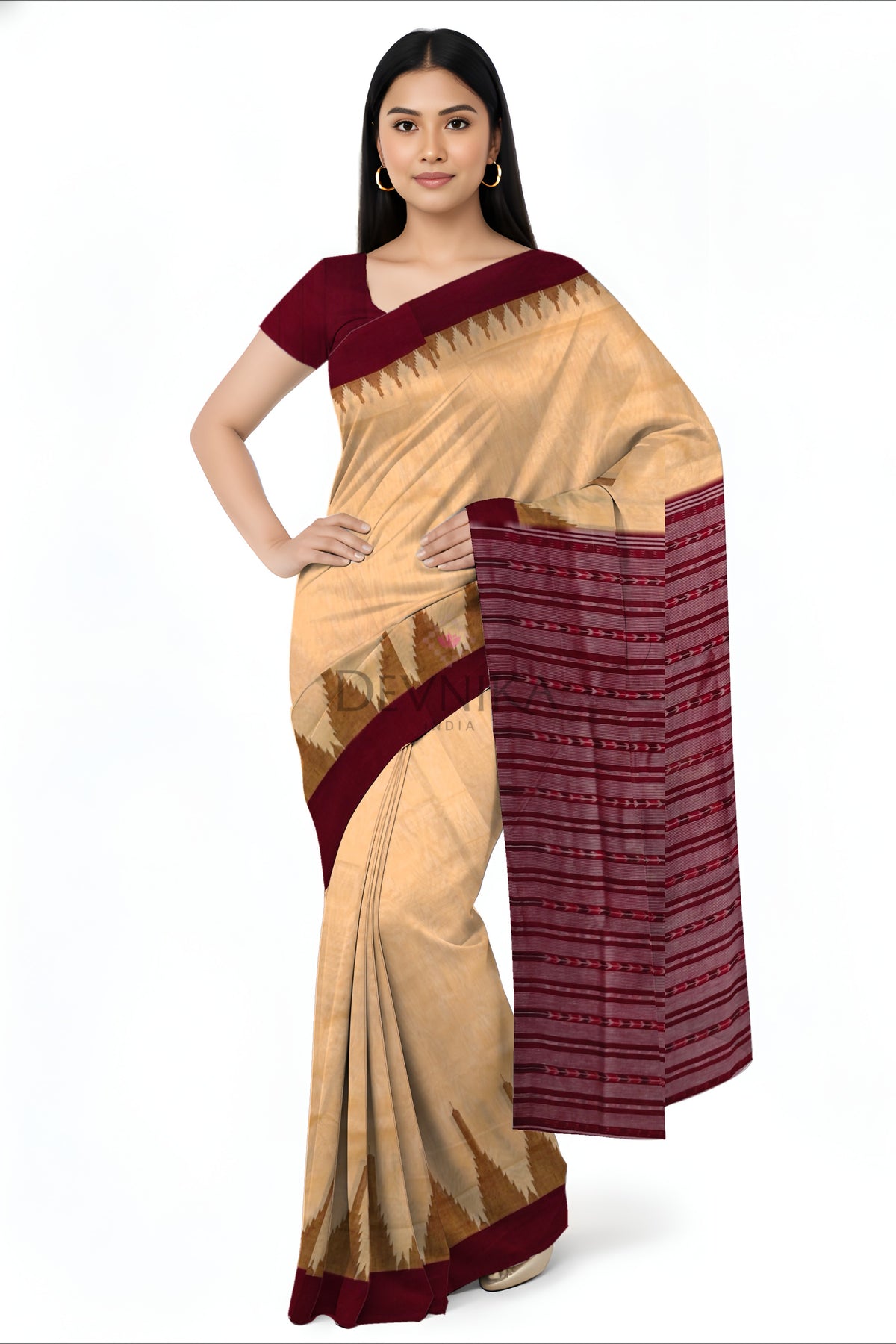 Peach Big Temple Boarder | Odisha Handloom GI Tagged | Devnika