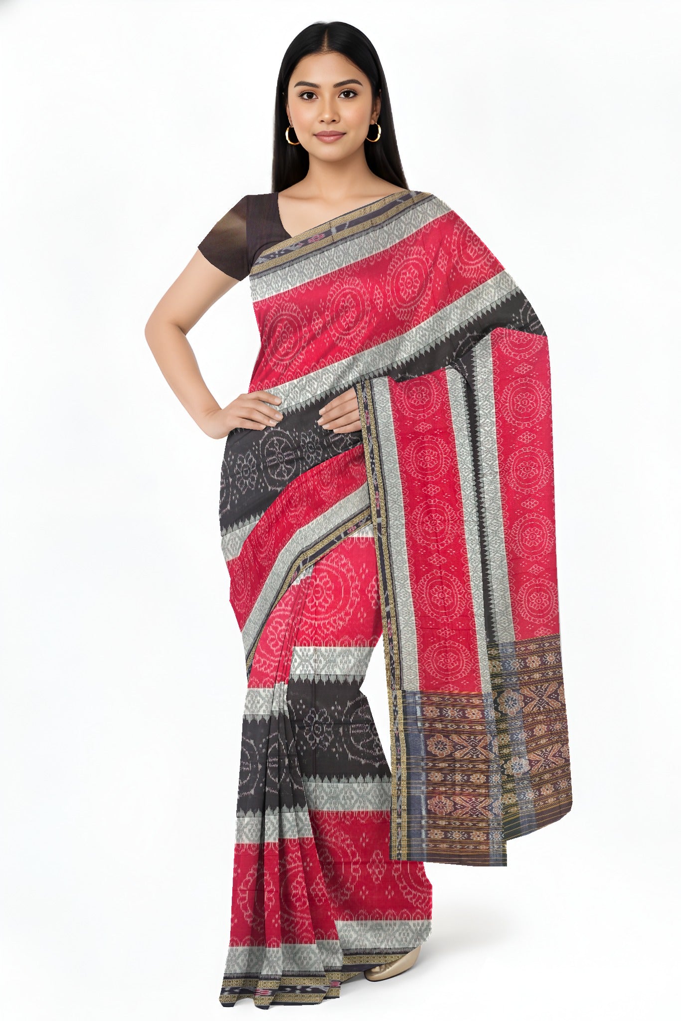Red And White Mania Bandha Traditional Katiki Saree | Odisha Handloom GI Tagged | Devnika
