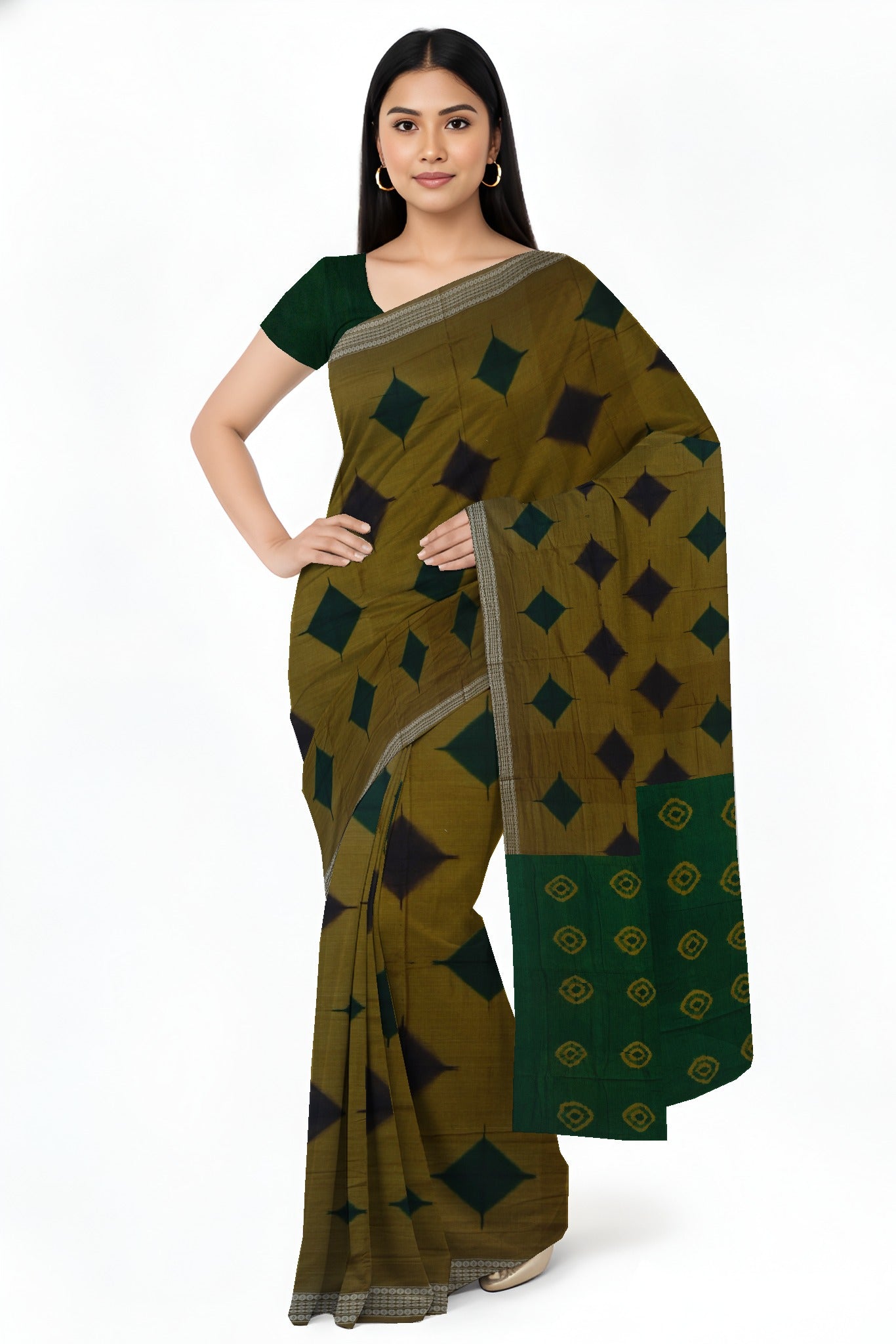 Deep Olive  Sambalapuri Bandhini Saree | Odisha Handloom GI Tagged | Devnika