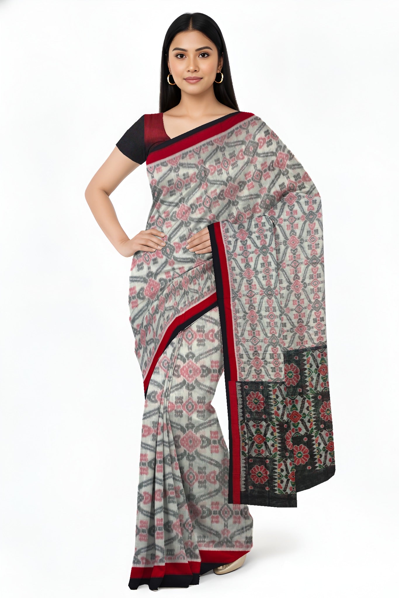 White And Red Mania Bandha Traditional Katiki Saree | Odisha Handloom GI Tagged | Devnika