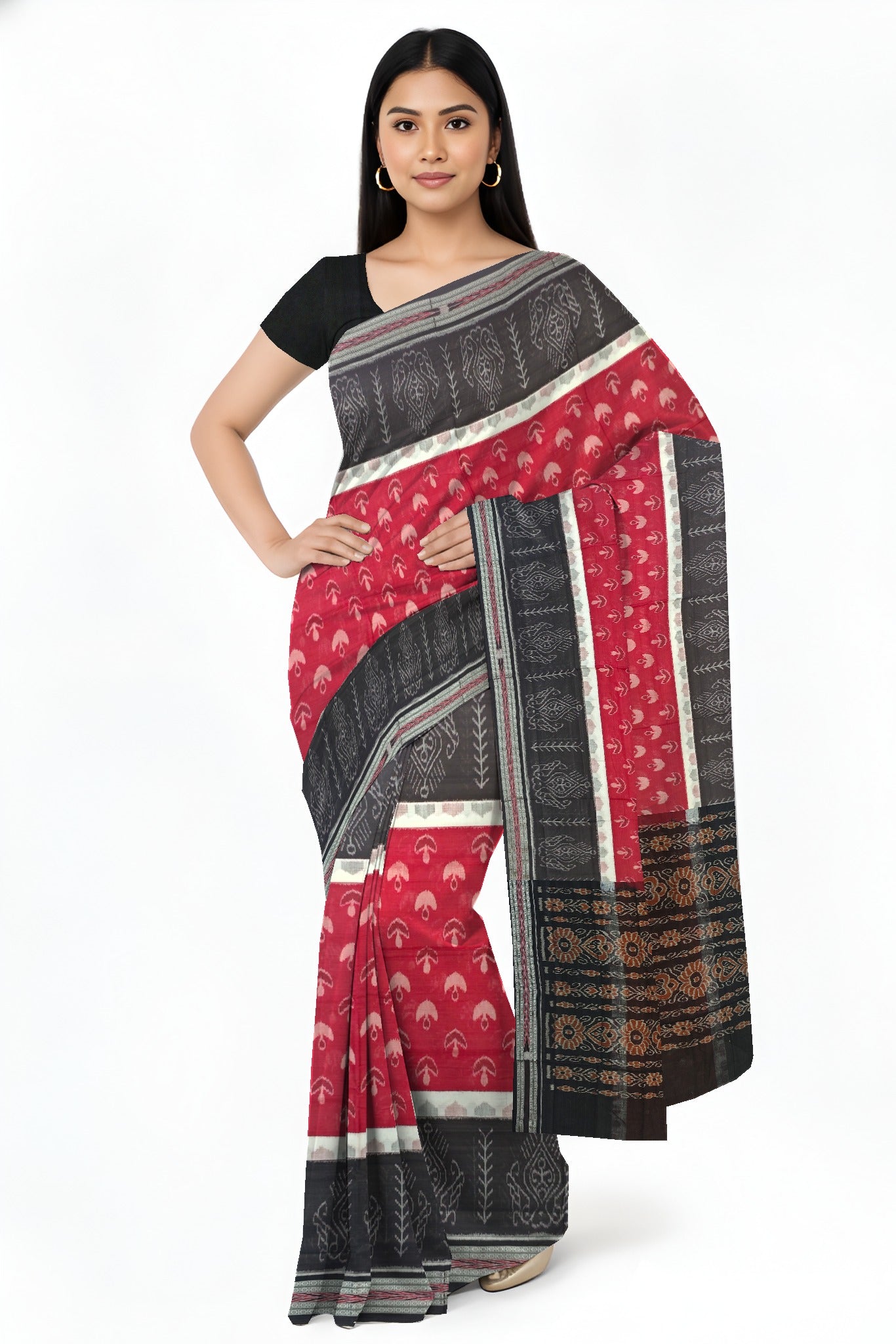 Maroon And White Mania Bandha Traditional Katiki Saree | Odisha Handloom GI Tagged | Devnika