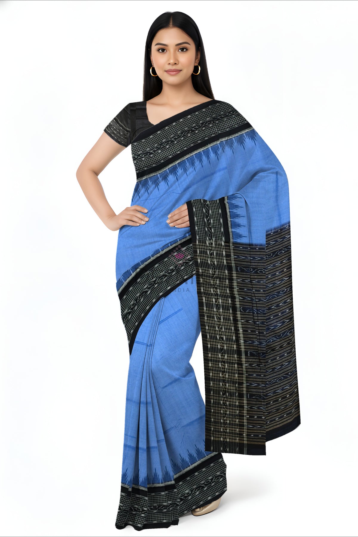 Blue Temple Border Bandha Saree | Odisha Handloom GI Tagged | Devnika