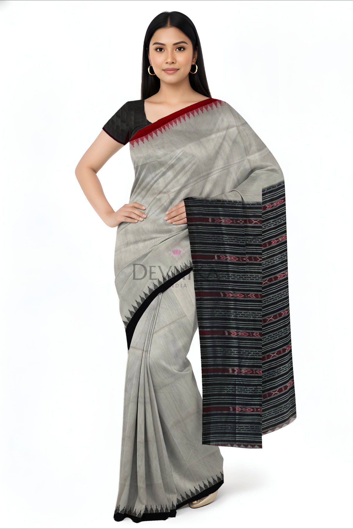 White Ganga Jamuna Saree | Odisha Handloom GI Tagged | Devnika