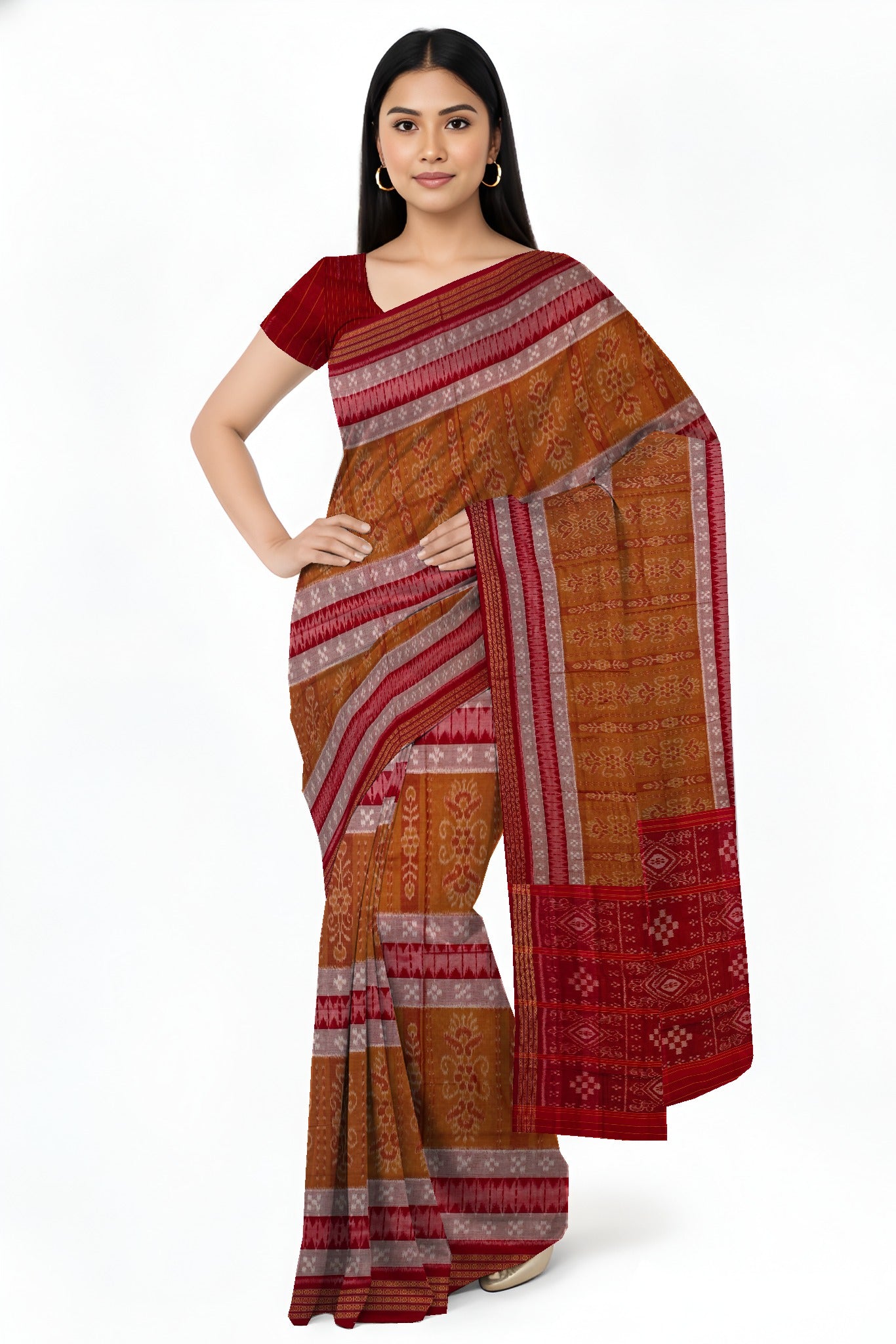 Brown White Mania Bandha Traditional Katiki Saree | Odisha Handloom GI Tagged | Devnika