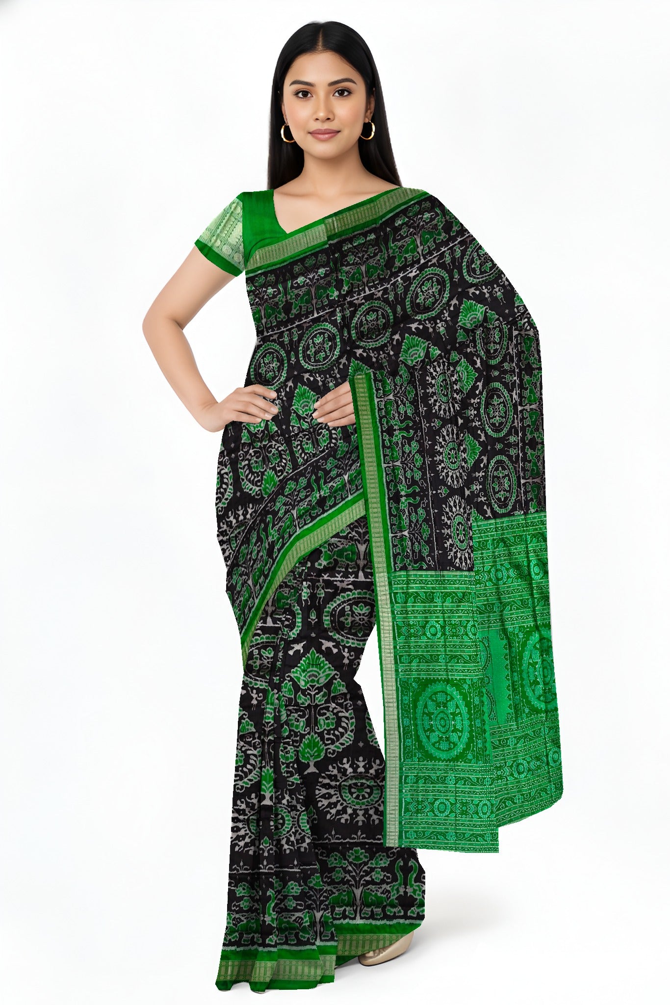 Black & Green Traditional Body Bandha Saree | Odisha Handloom GI Tagged | Devnika