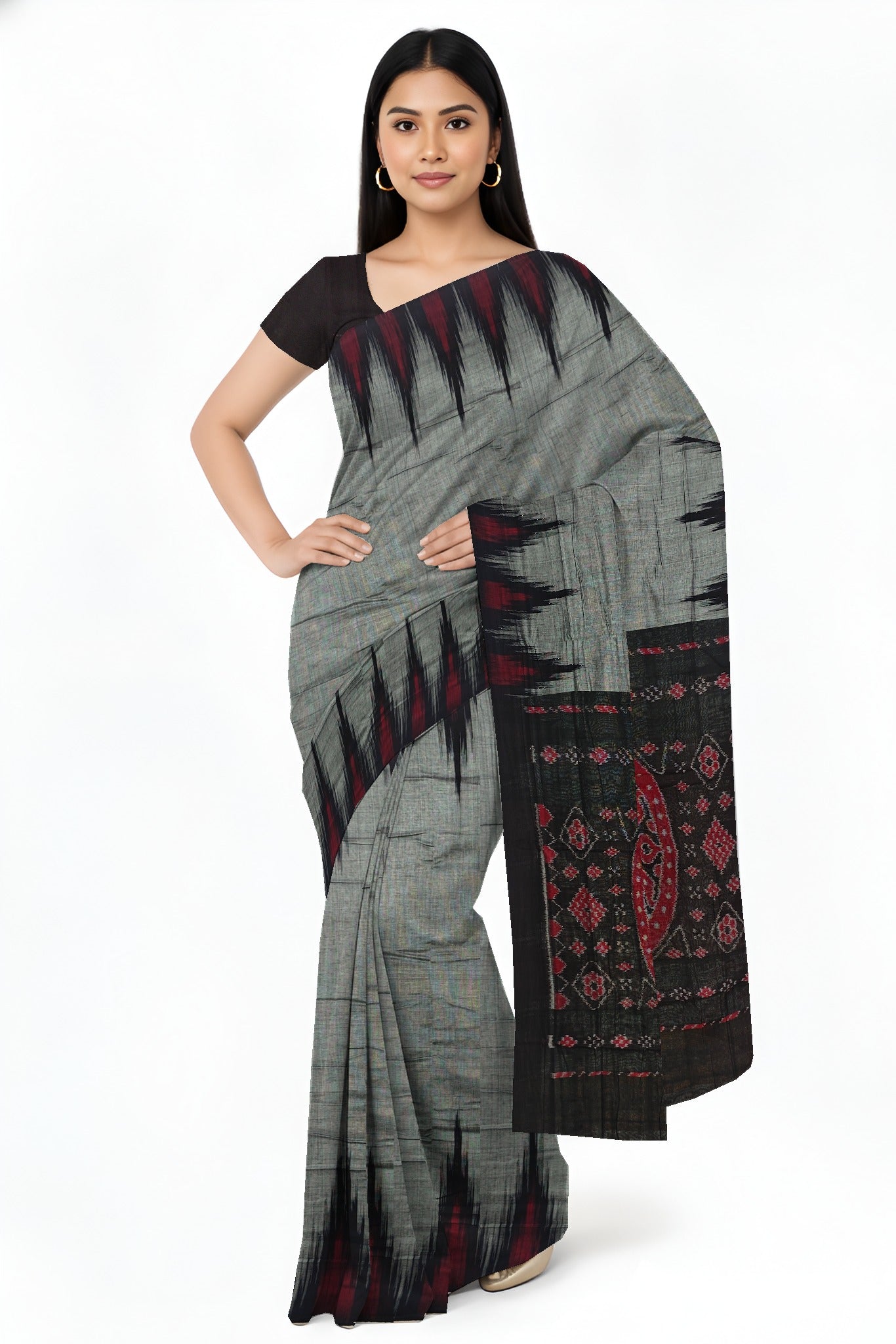 Grey Mania Bandha Traditional Temple Border Katiki Saree | Odisha Handloom GI Tagged | Devnika