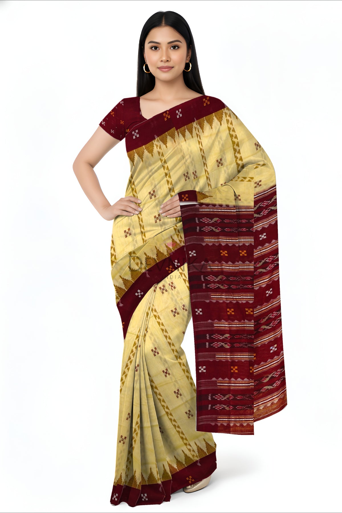 Cream Yellow Boarder Pasapalli Cotton Bapta Saree | Odisha Handloom GI Tagged | Devnika