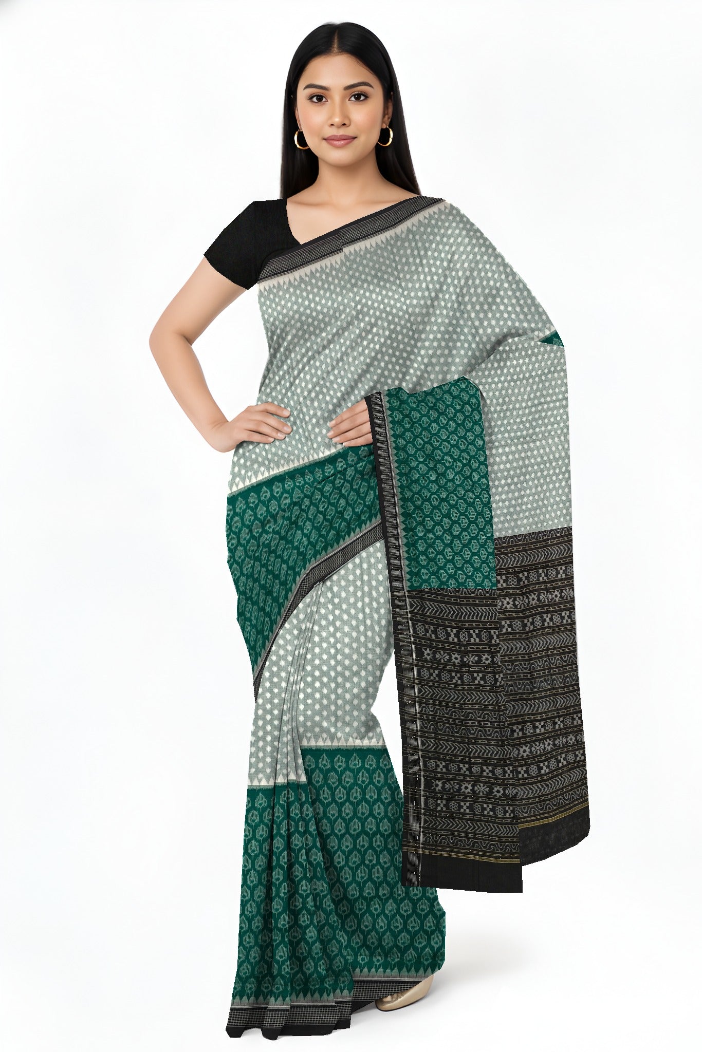 Green White Half Half Body Bandha Saree