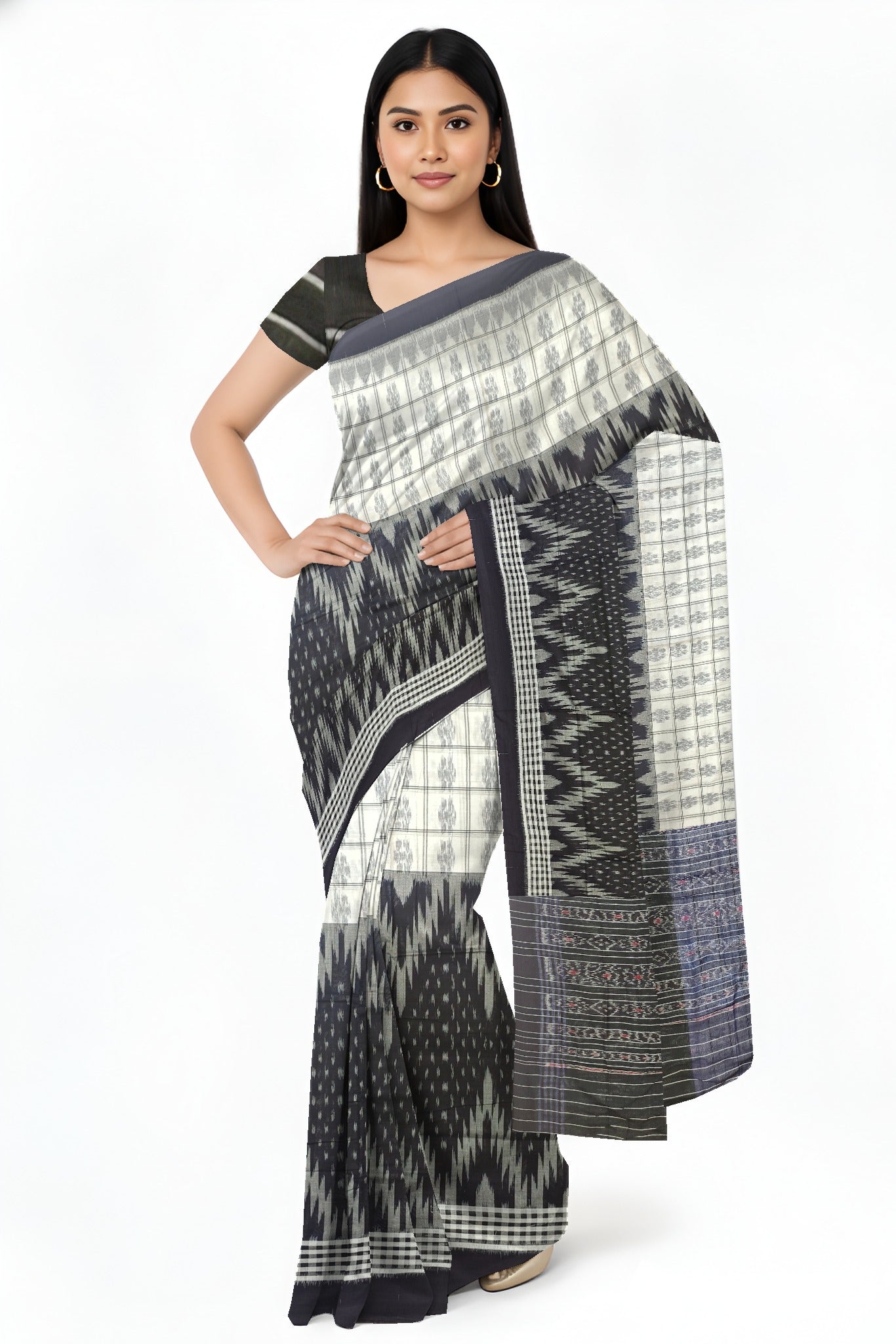 Black And White Mania Bandha Traditional Katiki Saree | Odisha Handloom GI Tagged | Devnika