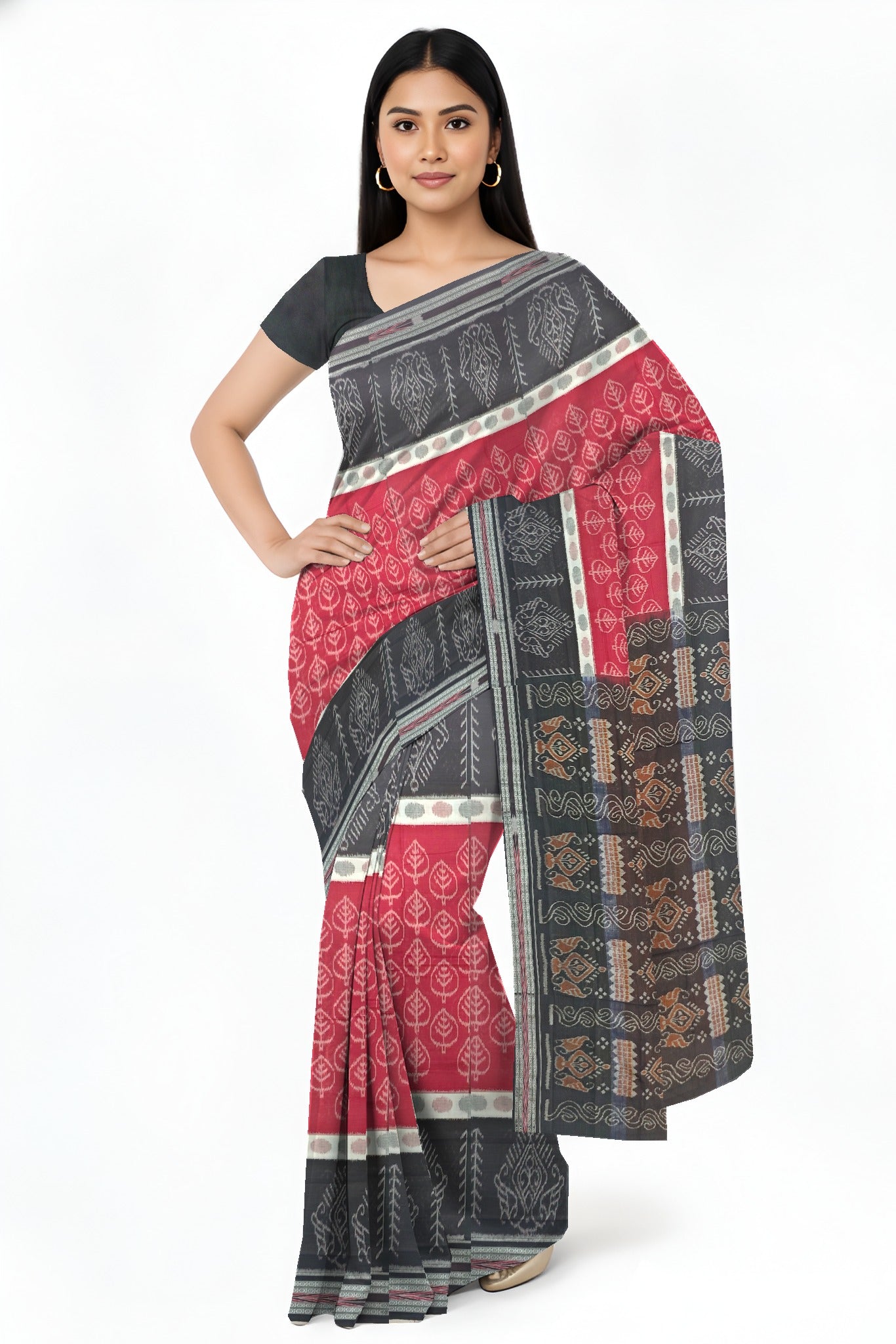 Maroon And White Mania Bandha Traditional Katiki Saree | Odisha Handloom GI Tagged | Devnika