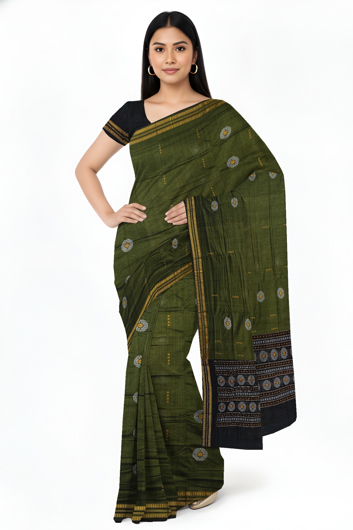 Olive Green Bomkai Butti Sambalapuri Saree | Odisha Handloom GI Tagged | Devnika