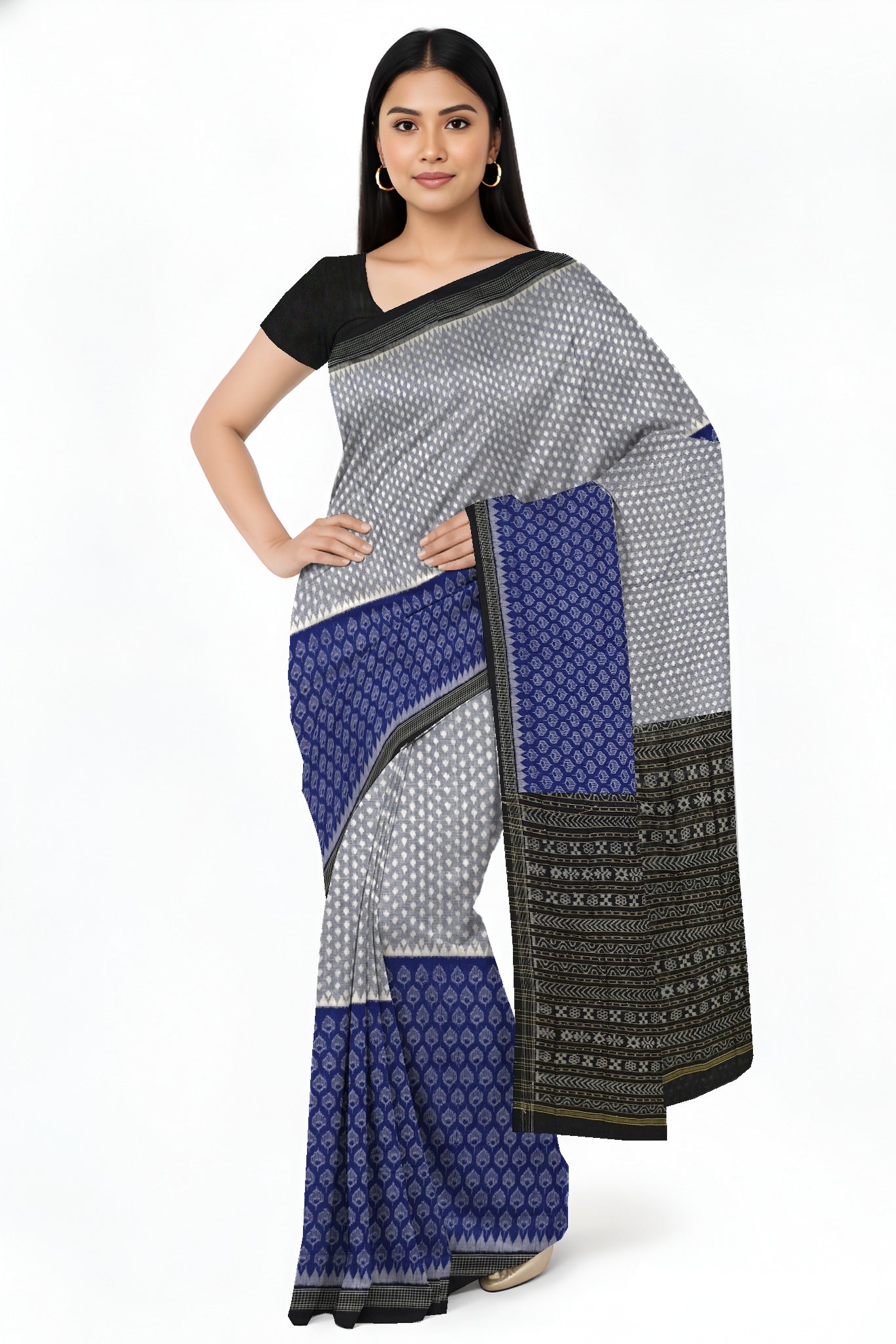 White Blue Half Half Body Bandha Saree
