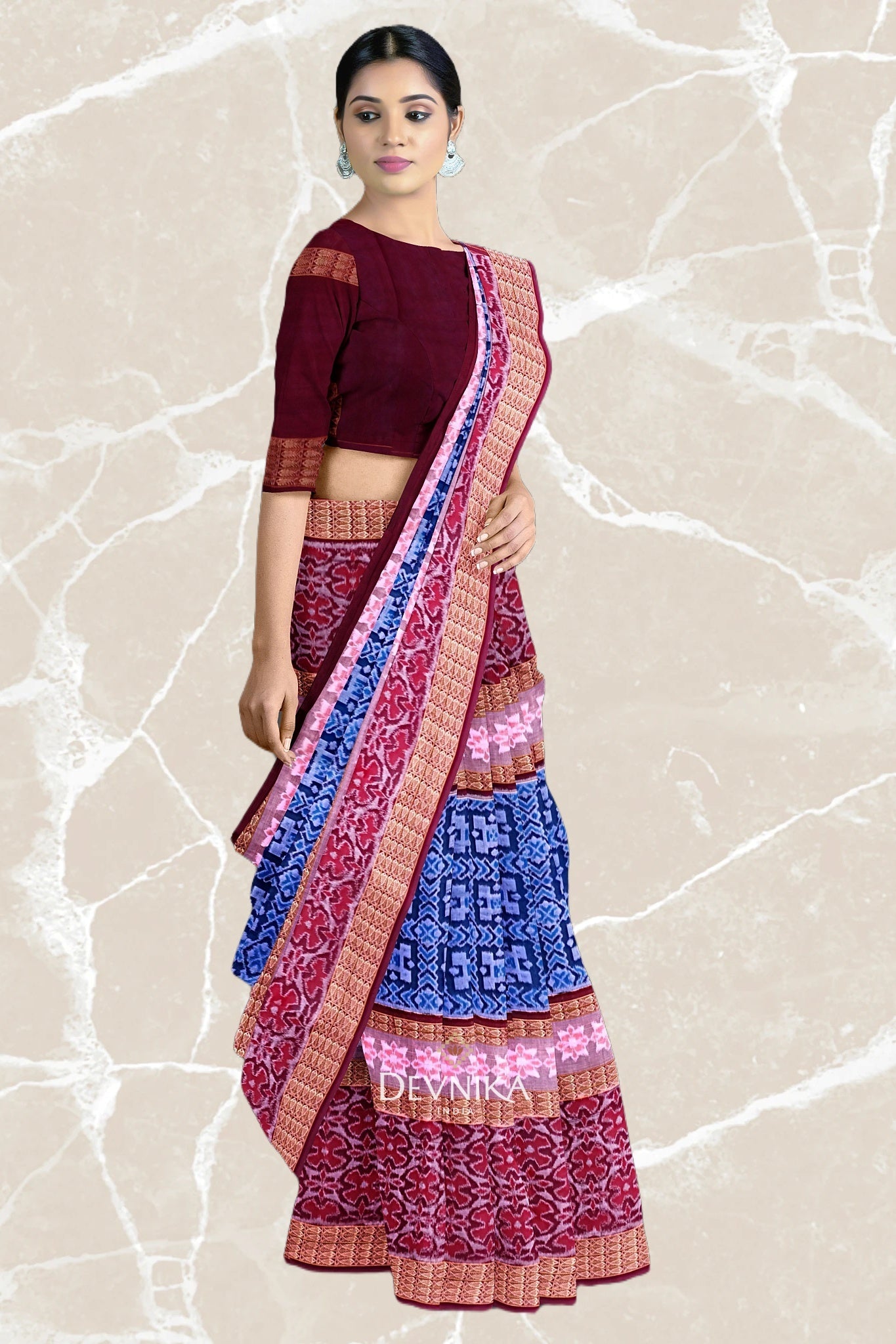 Blue Double Border Bandha Handloom Cotton Saree | Odisha Handloom | Devnika