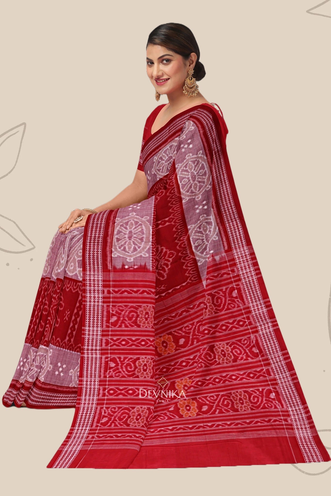 Red And Yellow Body Bandha Handloom Cotton Saree | Odisha Handloom | Devnika
