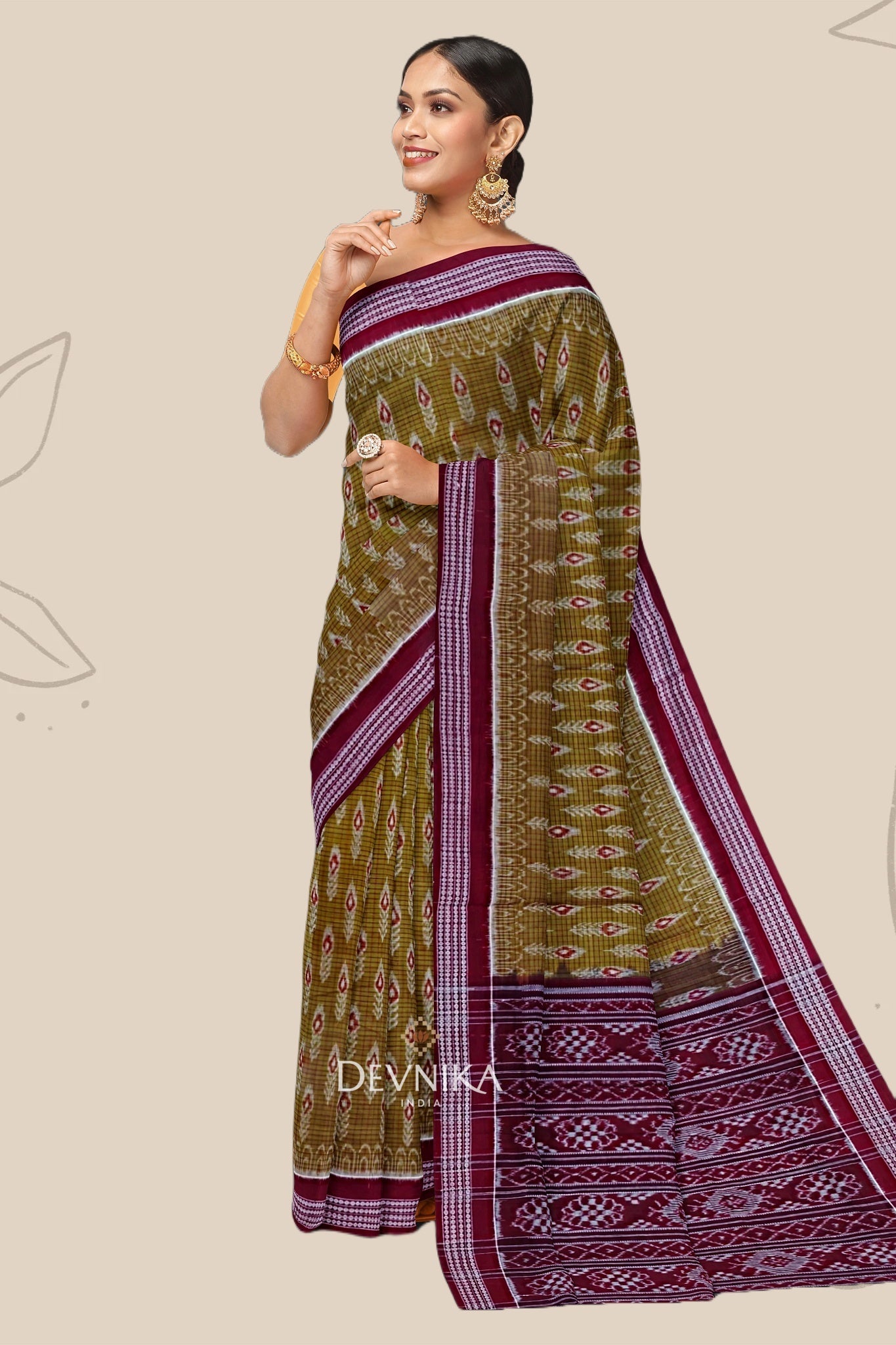 Light Olive Body Bandha Handloom Cotton Saree | Odisha Handloom | Devnika