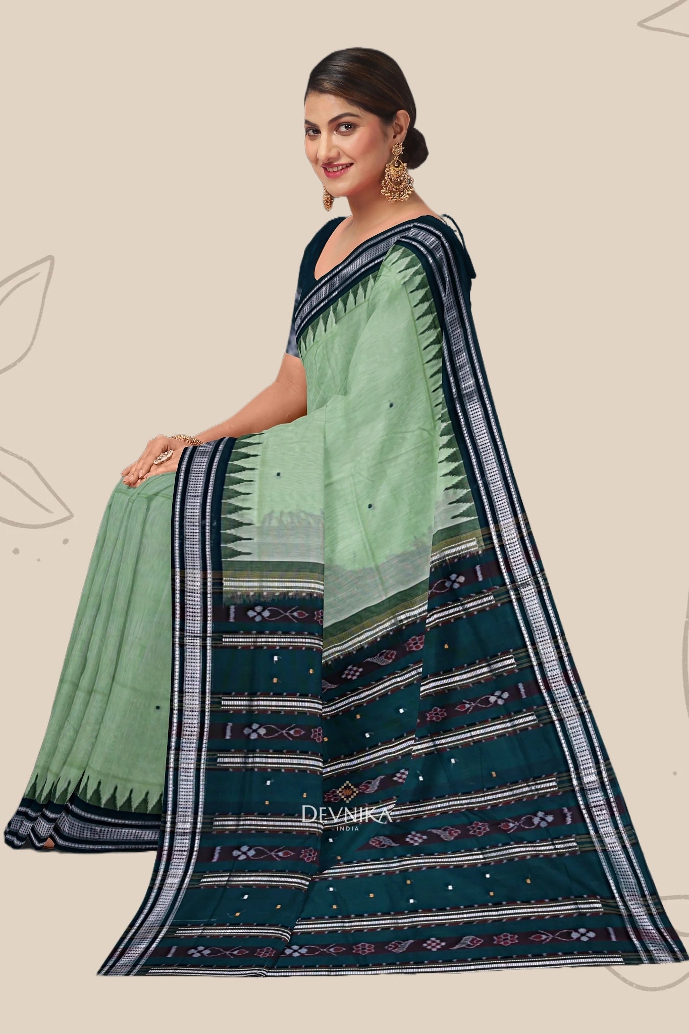 Light Green Temple Border Cotton Bapta Saree