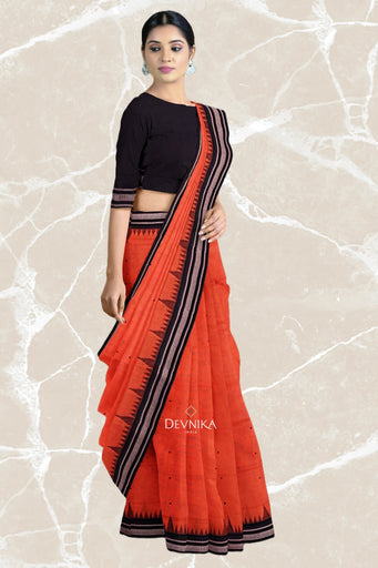 Orange Temple Border Cotton Bapta Saree