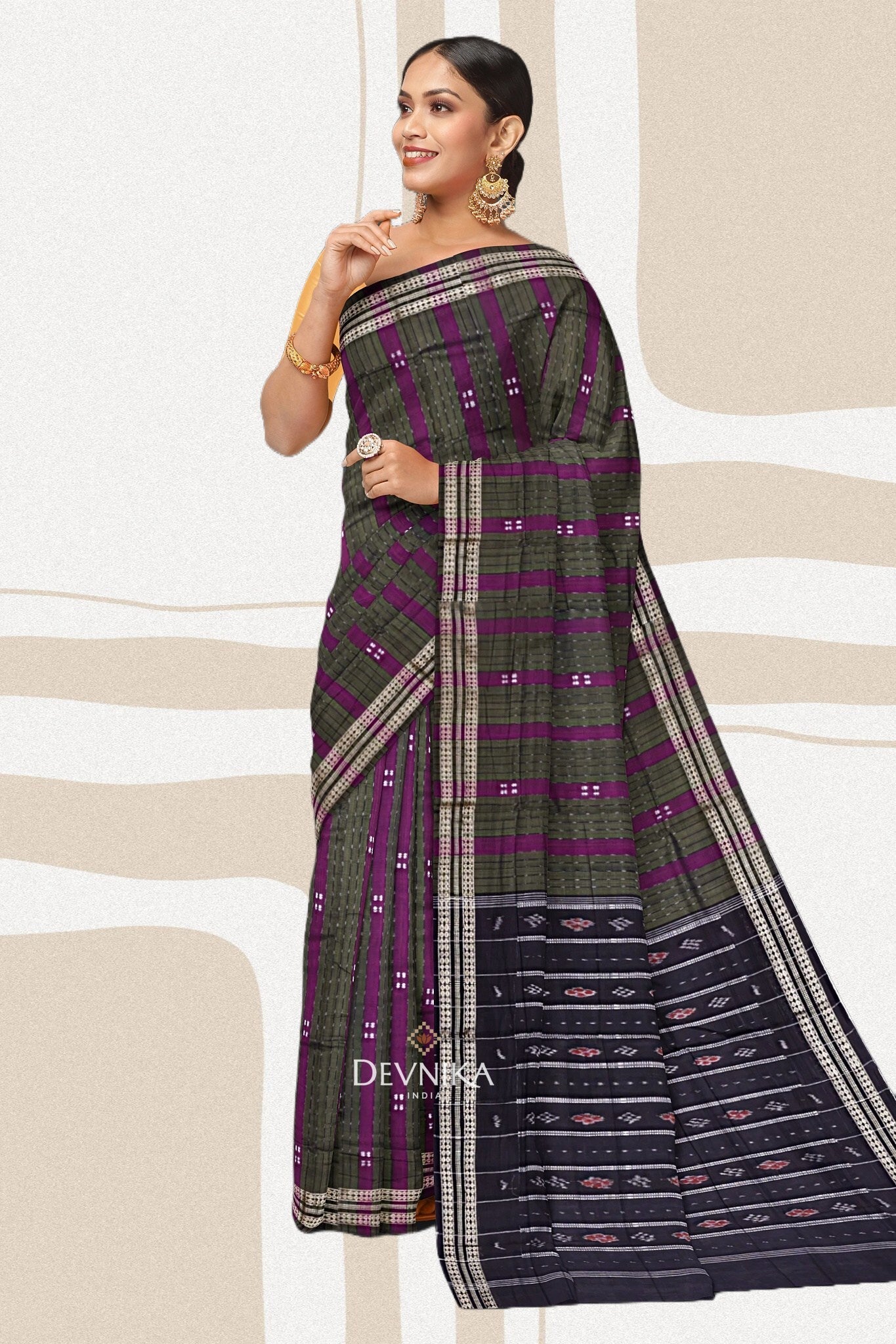 Purple And Dark Olive Bomkai Line Butti Handloom Cotton Saree | Odisha Handloom | Devnika