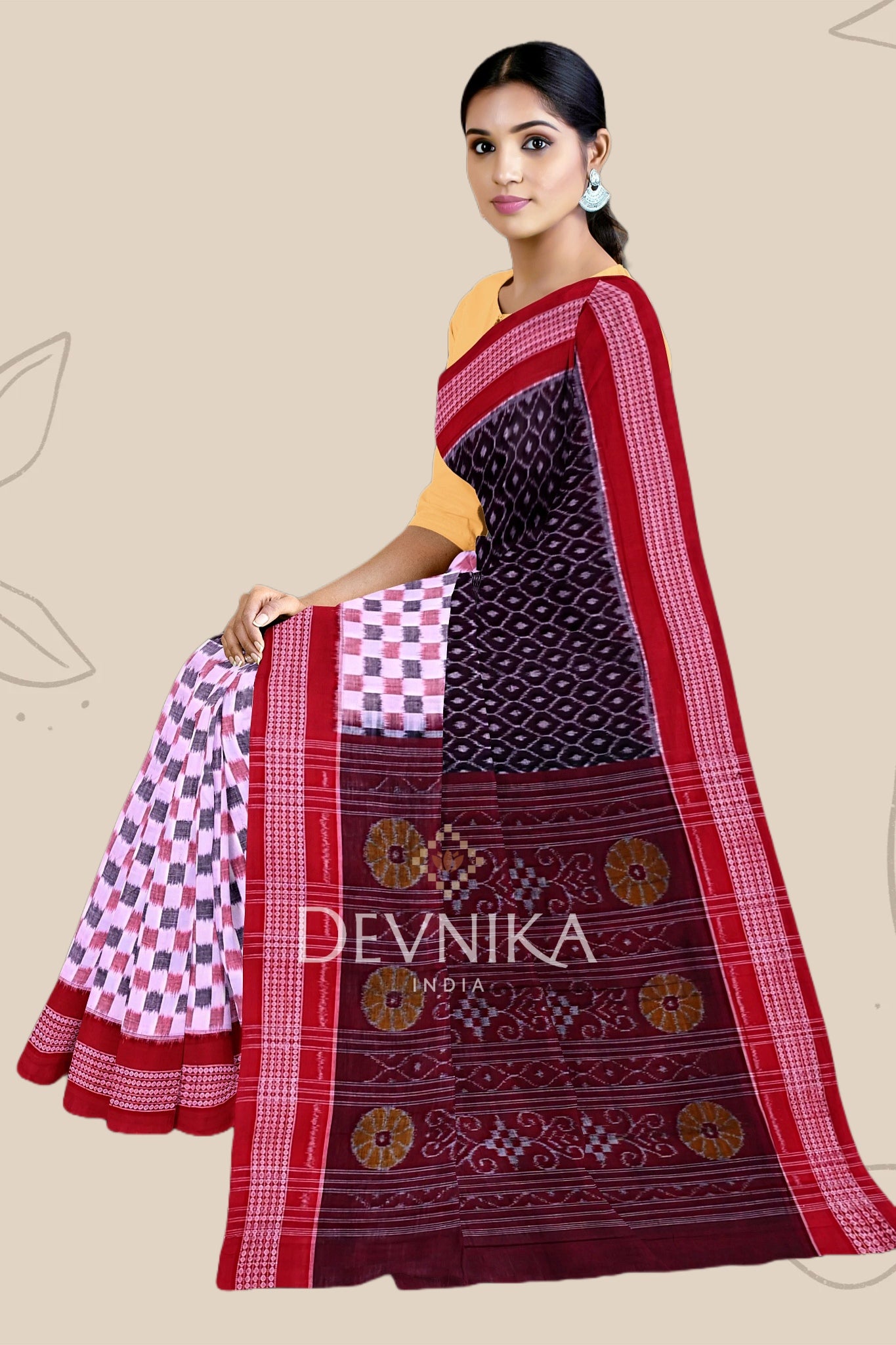 Dark Coffee Half Half Bandha Handloom Cotton Saree | Odisha Handloom | Devnika