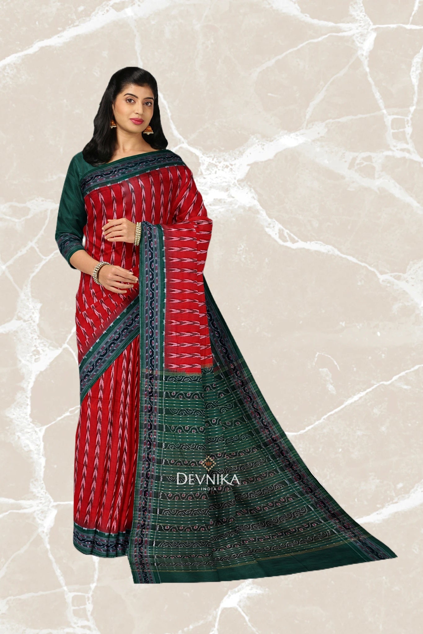 Deep Red Green Khajuri Pati Bandha Handloom Cotton Saree | Odisha Handloom | Devnika