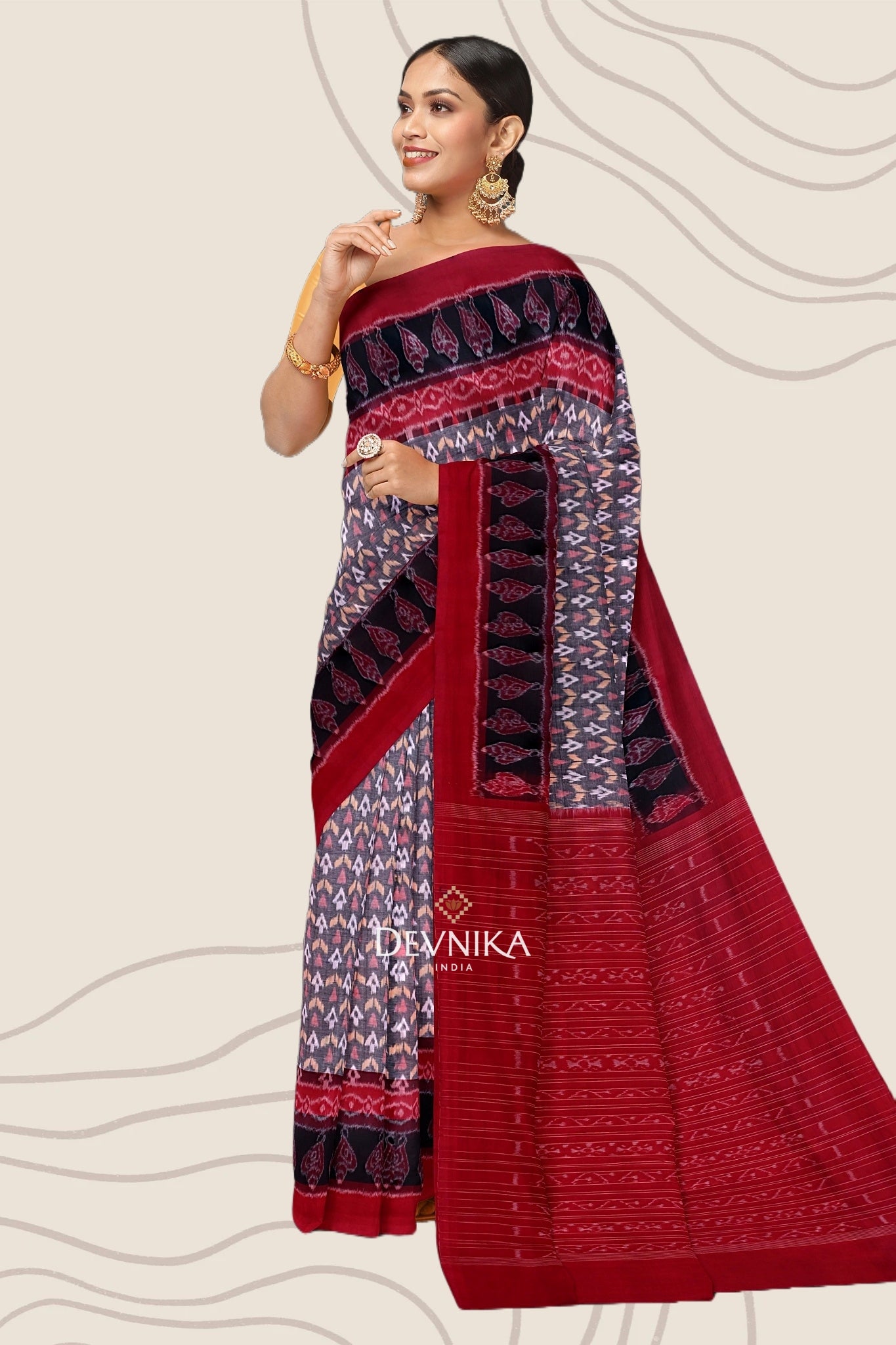 White, Bronze Double Border Bandha Handloom Cotton Saree | Odisha Handloom | Devnika